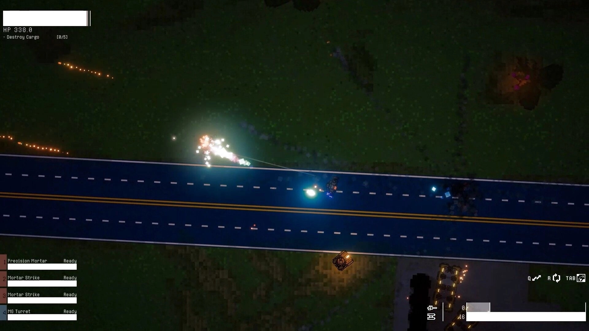 Mech Havoc: Aerial view of mechs engaging in combat on a highway with health and weapon status visible