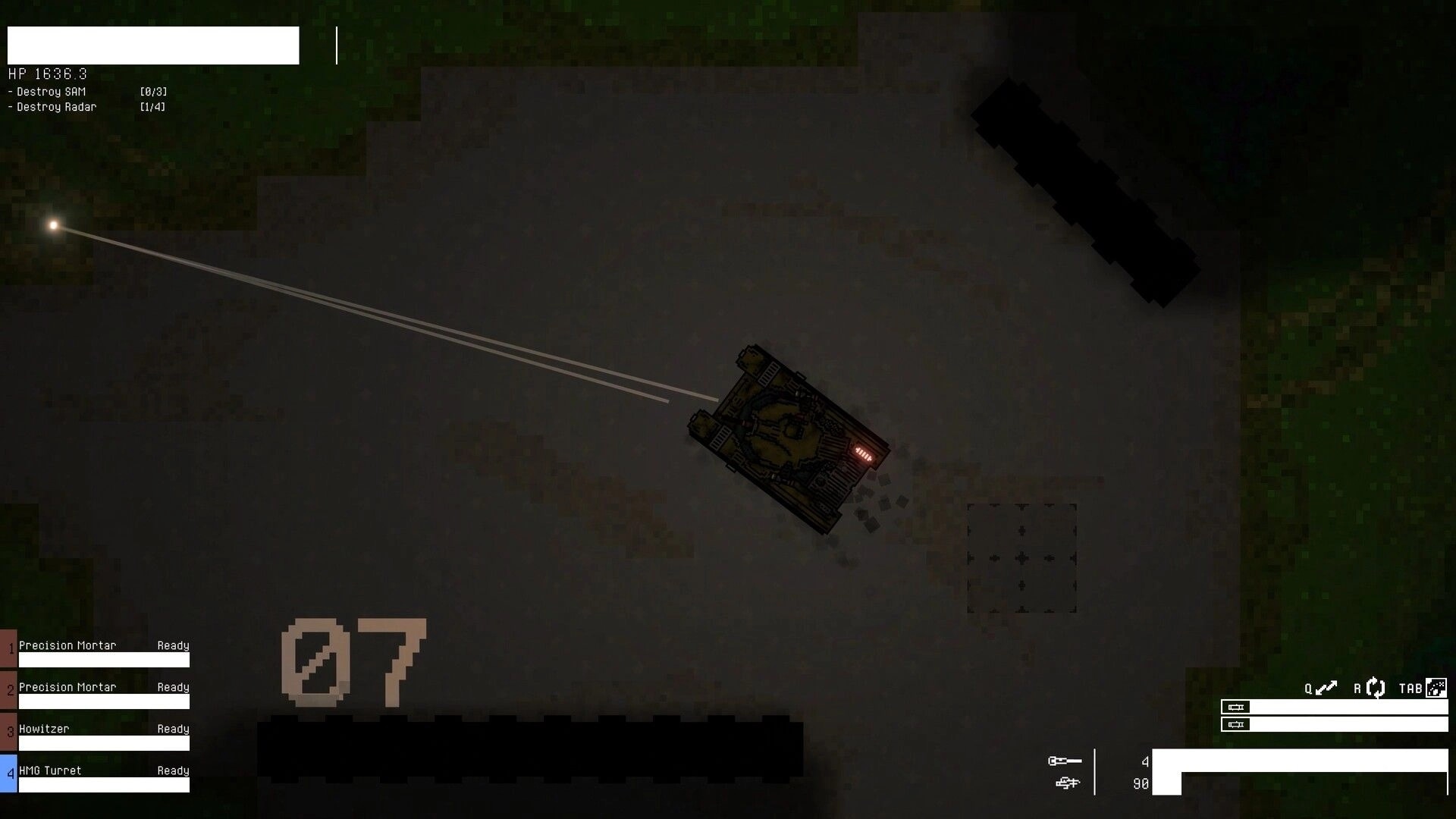 Mech Havoc: Top-down view of a mech firing lasers in a dark terrain with UI showing active missions