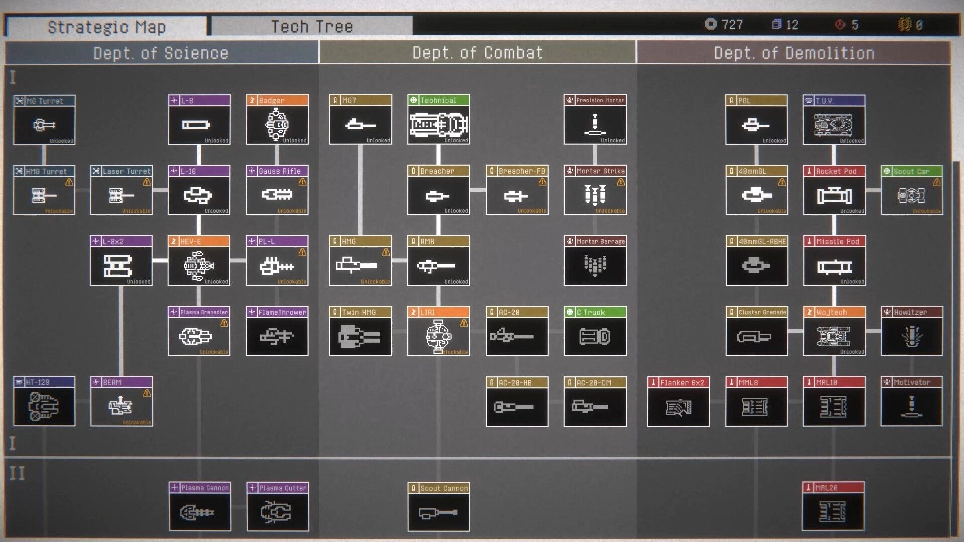 Mech Havoc: Extensive tech tree with weapon upgrades in Departments of Science, Combat, and Demolition.