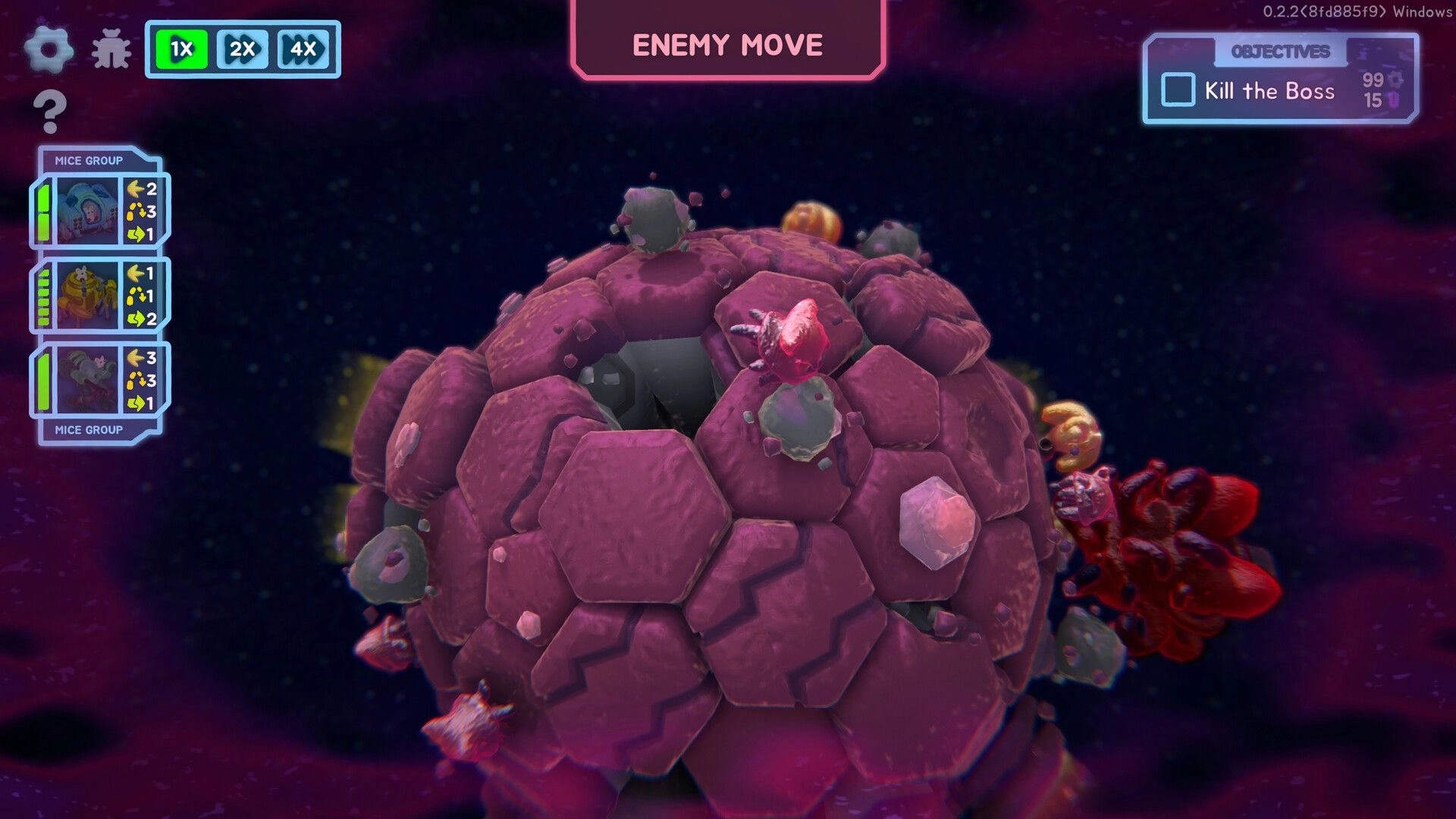 Mechamice Tactics: Enemy move on a purple hexagonal planet with mice squad stats and objective displayed
