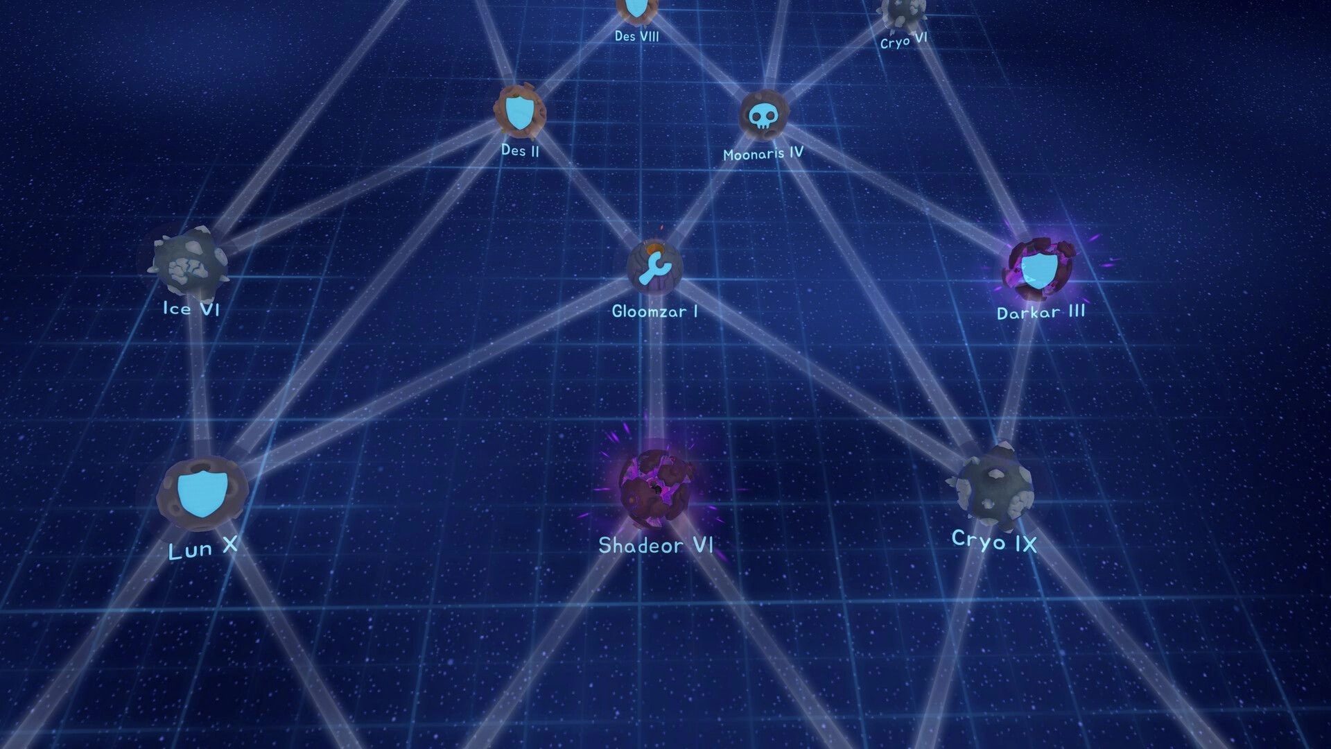 Mechamice Tactics: Strategic map with interconnected planets like Ice VI, Darkar III, and Lun X in space