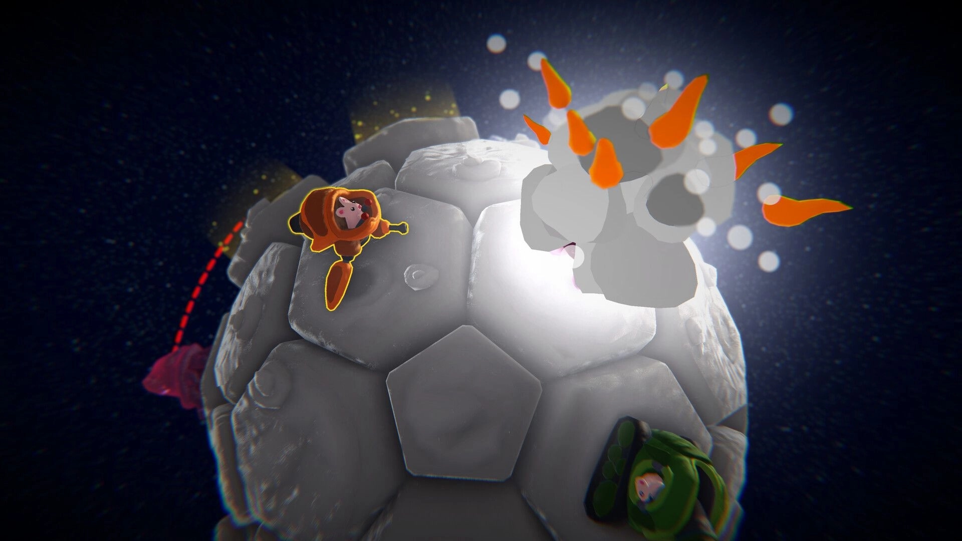 Mechamice Tactics: Mice in orange and green mechs face spiked creature on a hexagonal lunar surface