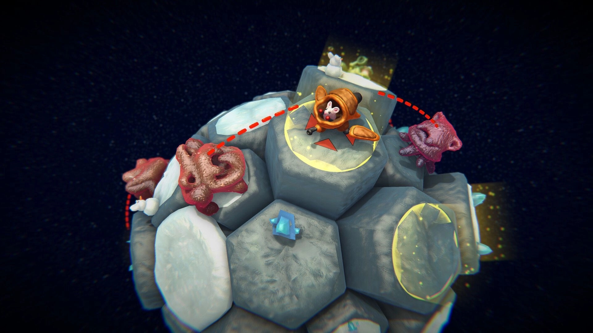 Mechamice Tactics: Mouse mech targets dark-matter cats on icy hexagonal terrain in space battle.