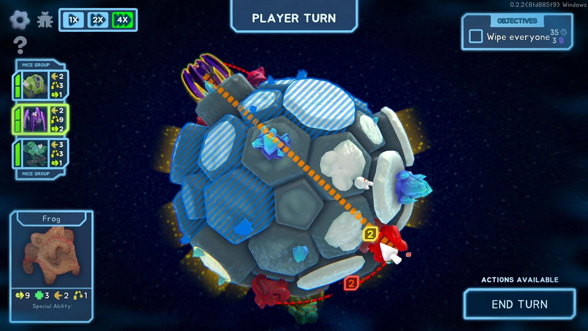 Mechamice Tactics: Player turn on hexagonal 3D planet with mice pilots and enemy path highlighted