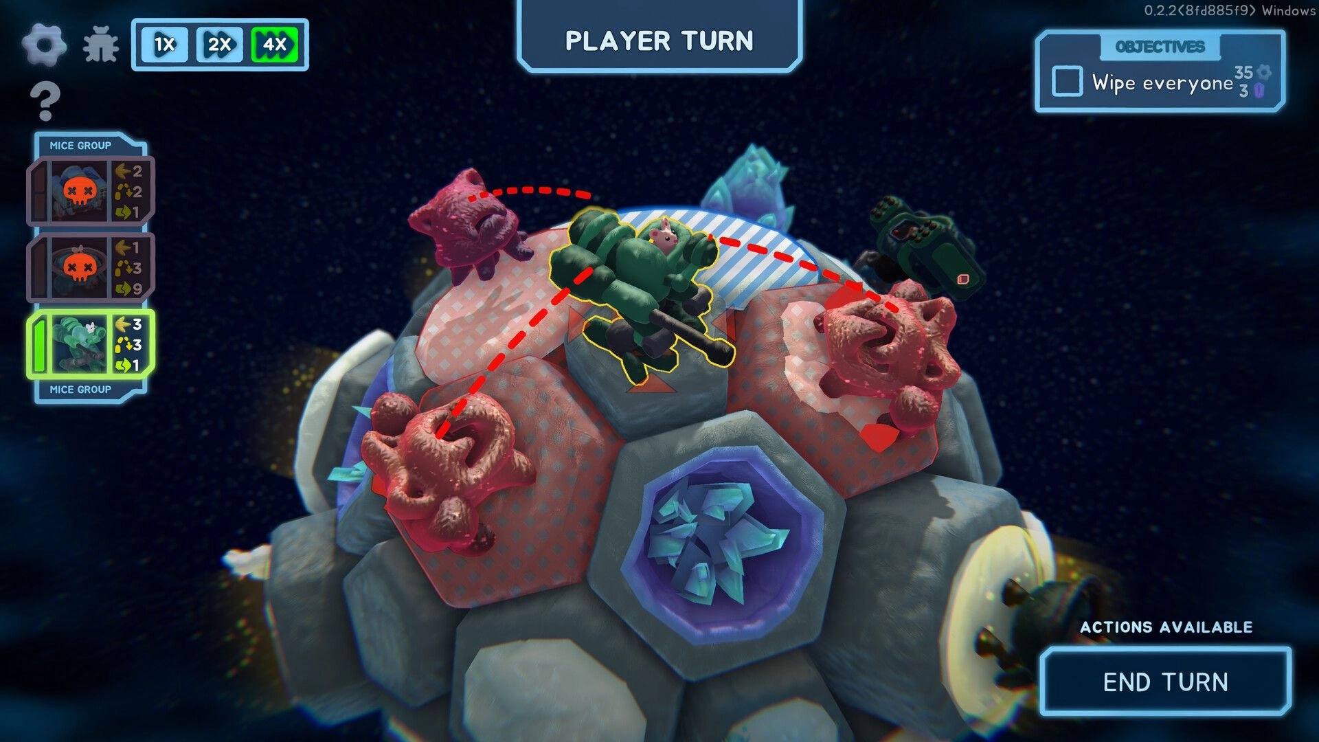 Mechamice Tactics: Mice in battle mechs face off against dark-matter cats on a spherical 3D terrain.