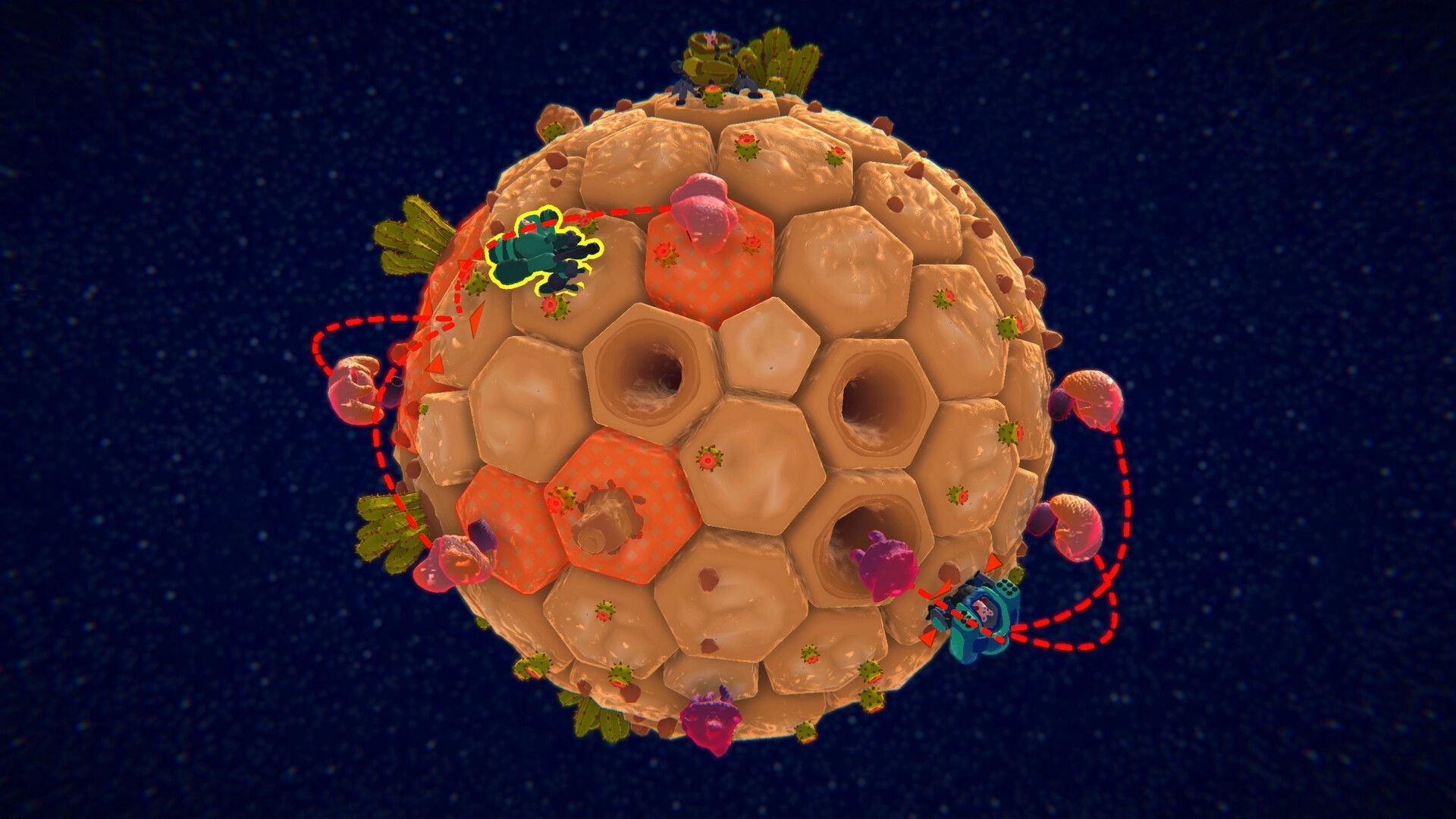 Mechamice Tactics: Mice in mechs navigate hexagonal terrain on a spherical map with enemy paths marked.