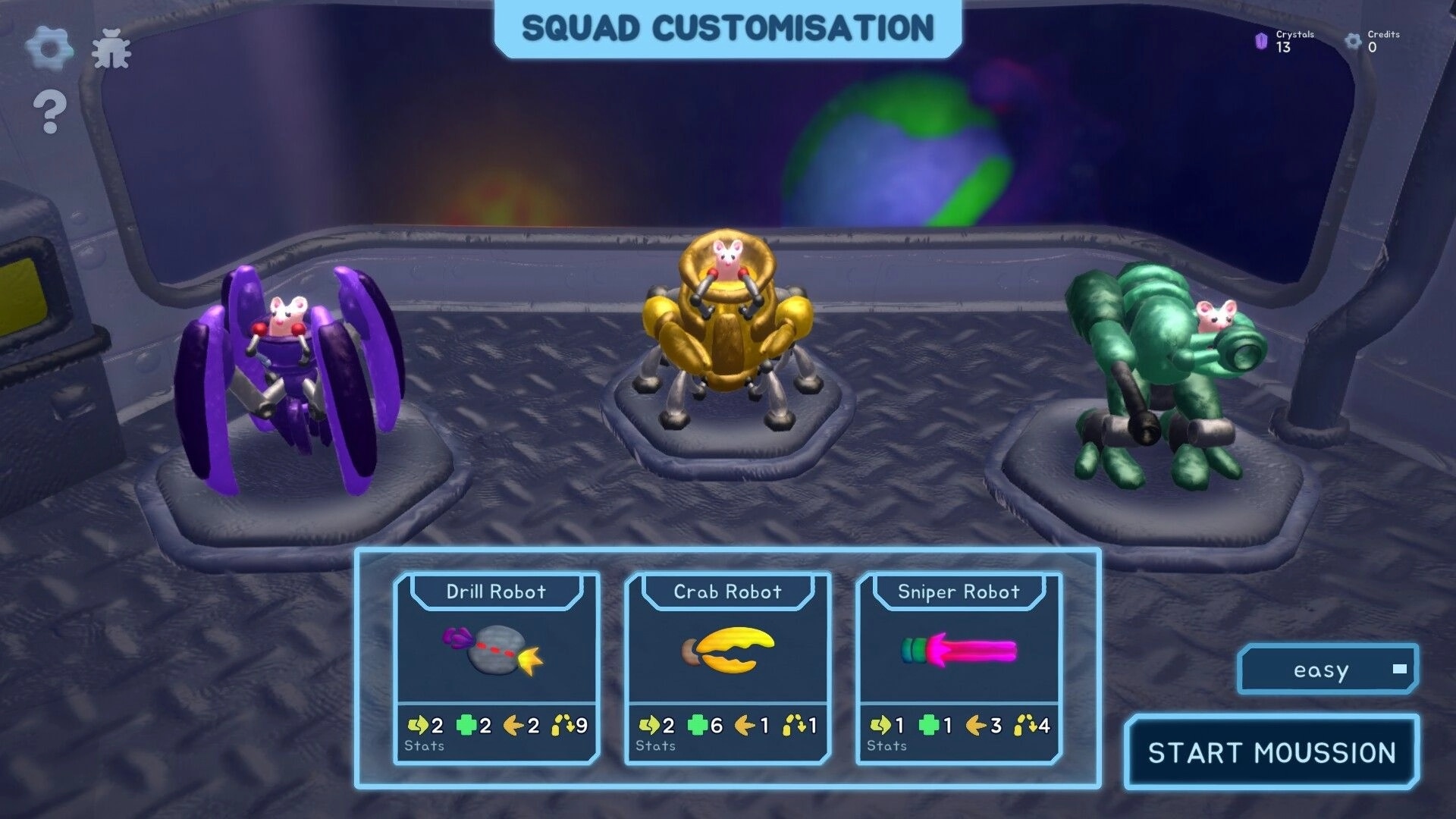 Mechamice Tactics: Squad customization screen displaying Drill, Crab, and Sniper Robot options.