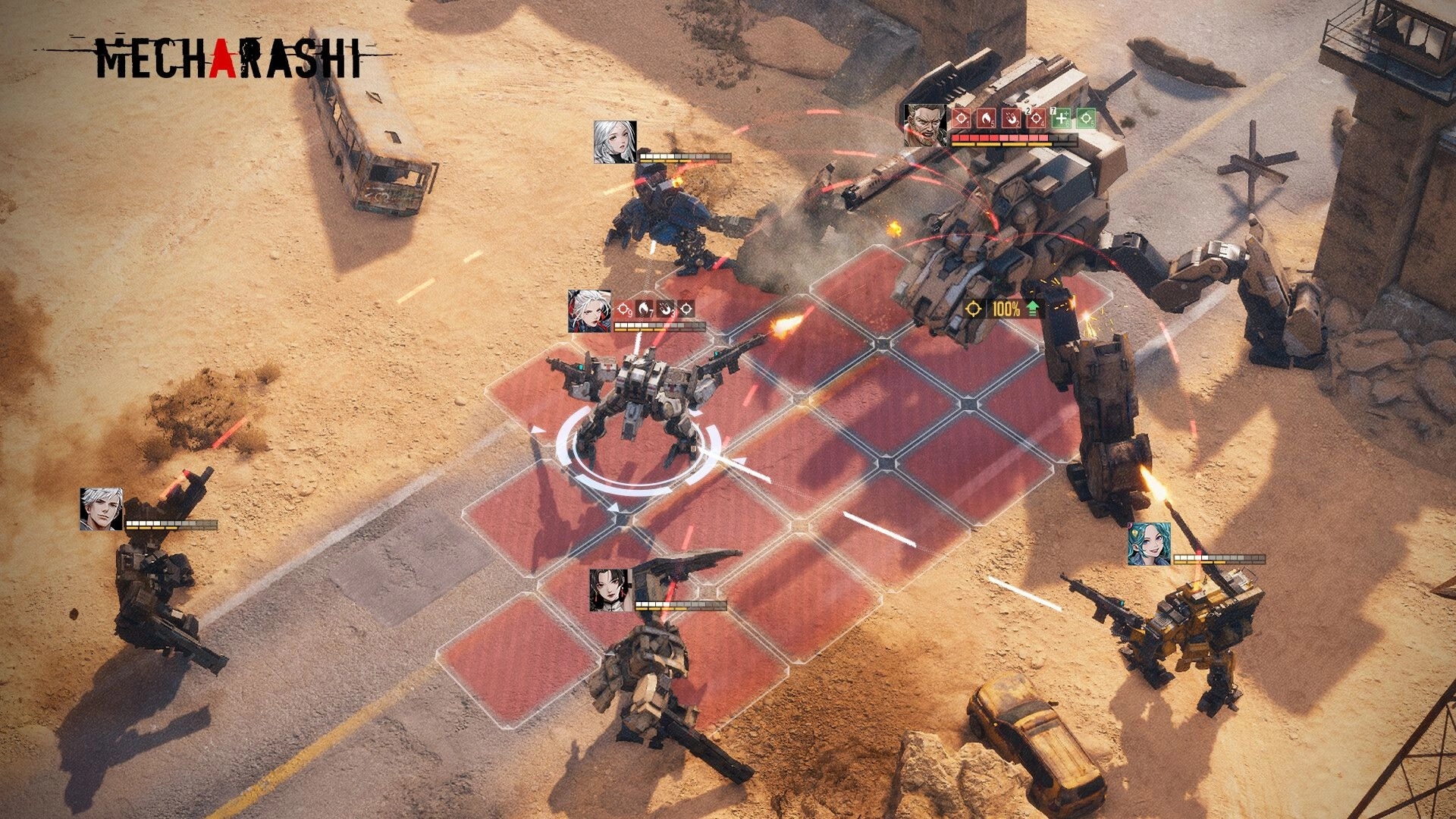 Mecharashi: Tactical battle with mechas firing in a desert wasteland, character portraits and health bars visible.