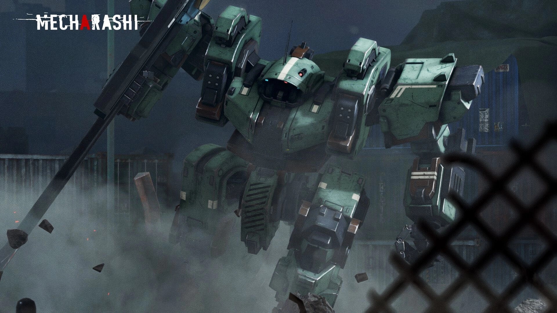 Mecharashi: Green mecha wielding a large weapon in an industrial area surrounded by debris and smoke.