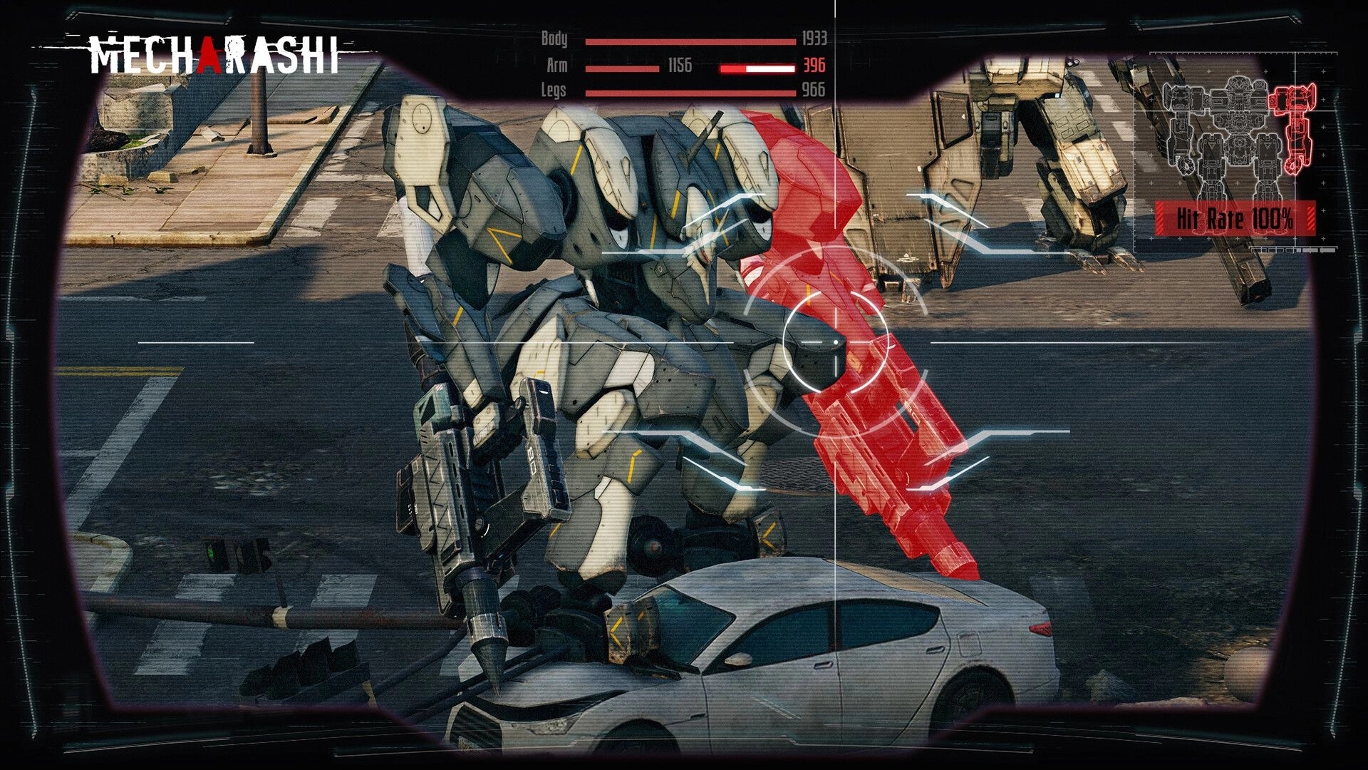 Mecharashi: Mecha in combat targeting an enemy with a red highlighted arm in urban street setting.