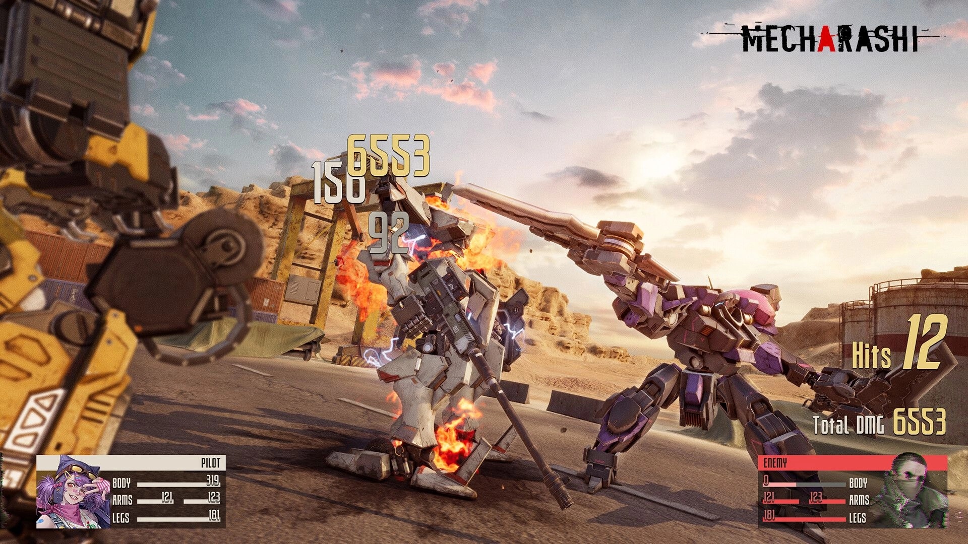 Mecharashi: Two mechas battle in a desert with damage stats displayed, showing hits and total damage.