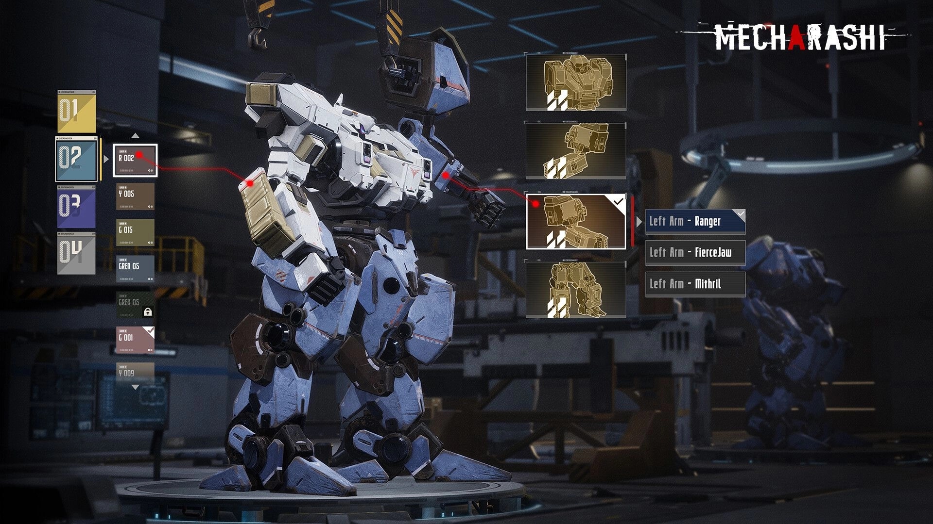 Mecharashi: Mecha customization screen with left arm selection options in an industrial hangar setting