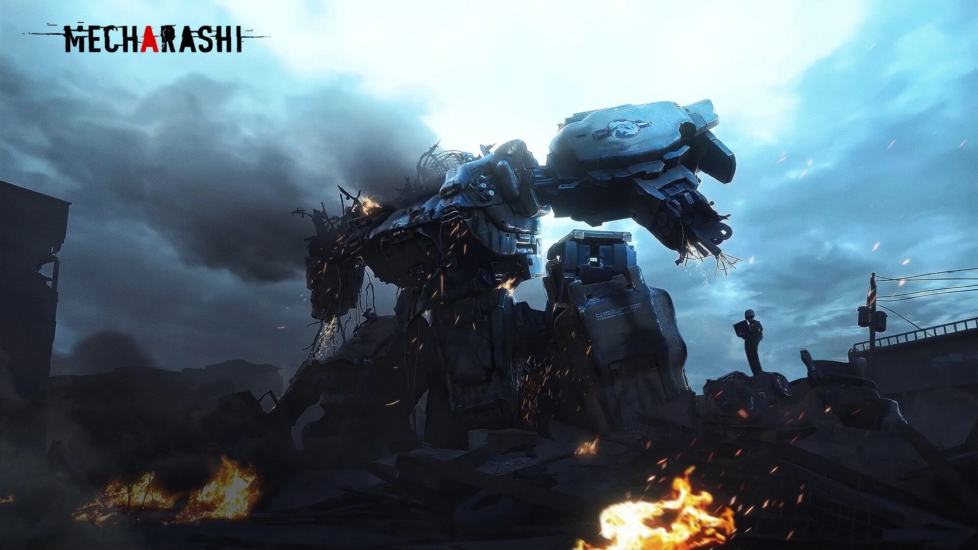 Mecharashi: Giant mecha amidst city ruins with fire and smoke, preparing for tactical combat.