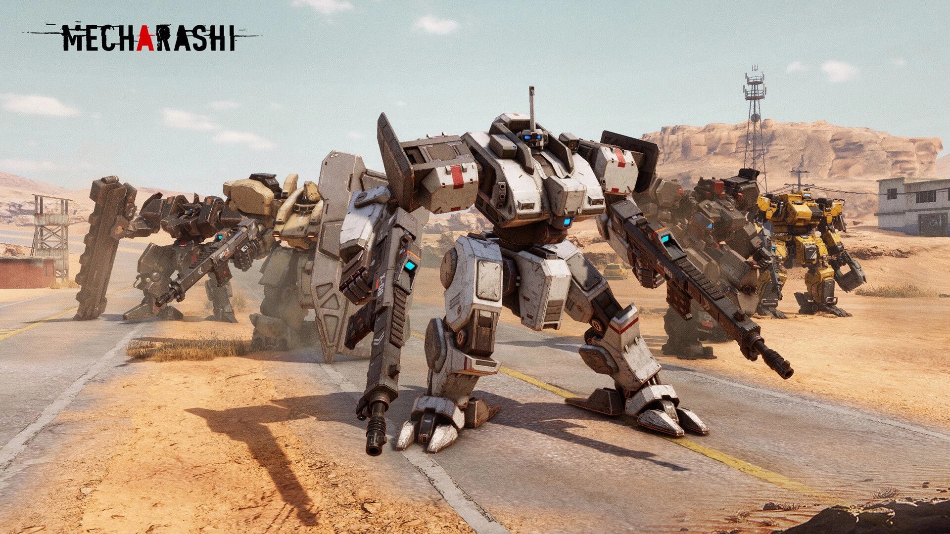 Mecharashi: Mechas advancing on desert road, equipped with large weapons, rugged terrain in background