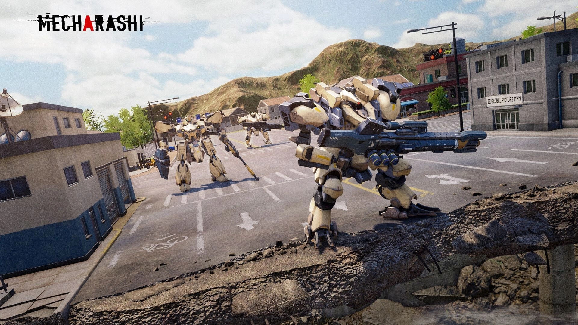 Mecharashi: Mechas with heavy weapons patrol deserted urban street under clear sky with distant hills