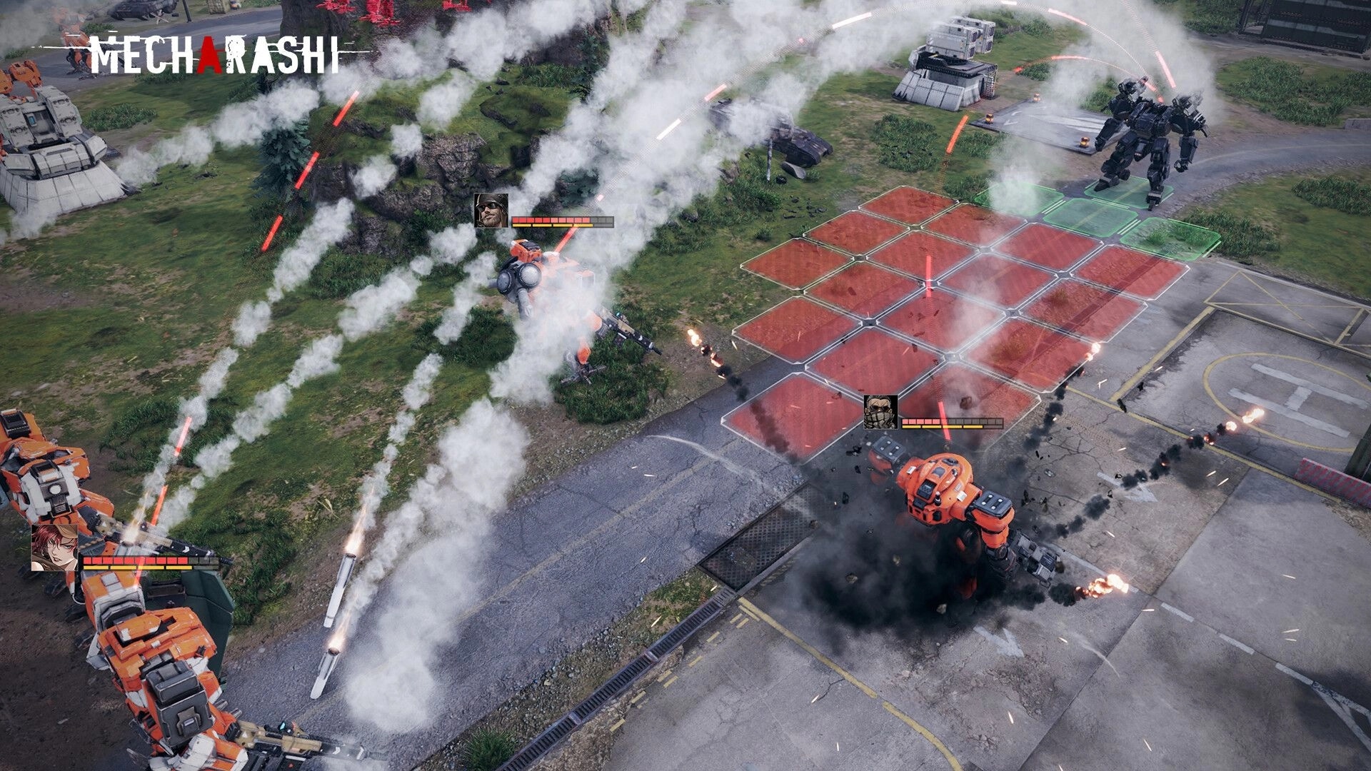 Mecharashi: Tactical battle with mechas exchanging missiles on a grid-based terrain in a grassy field.