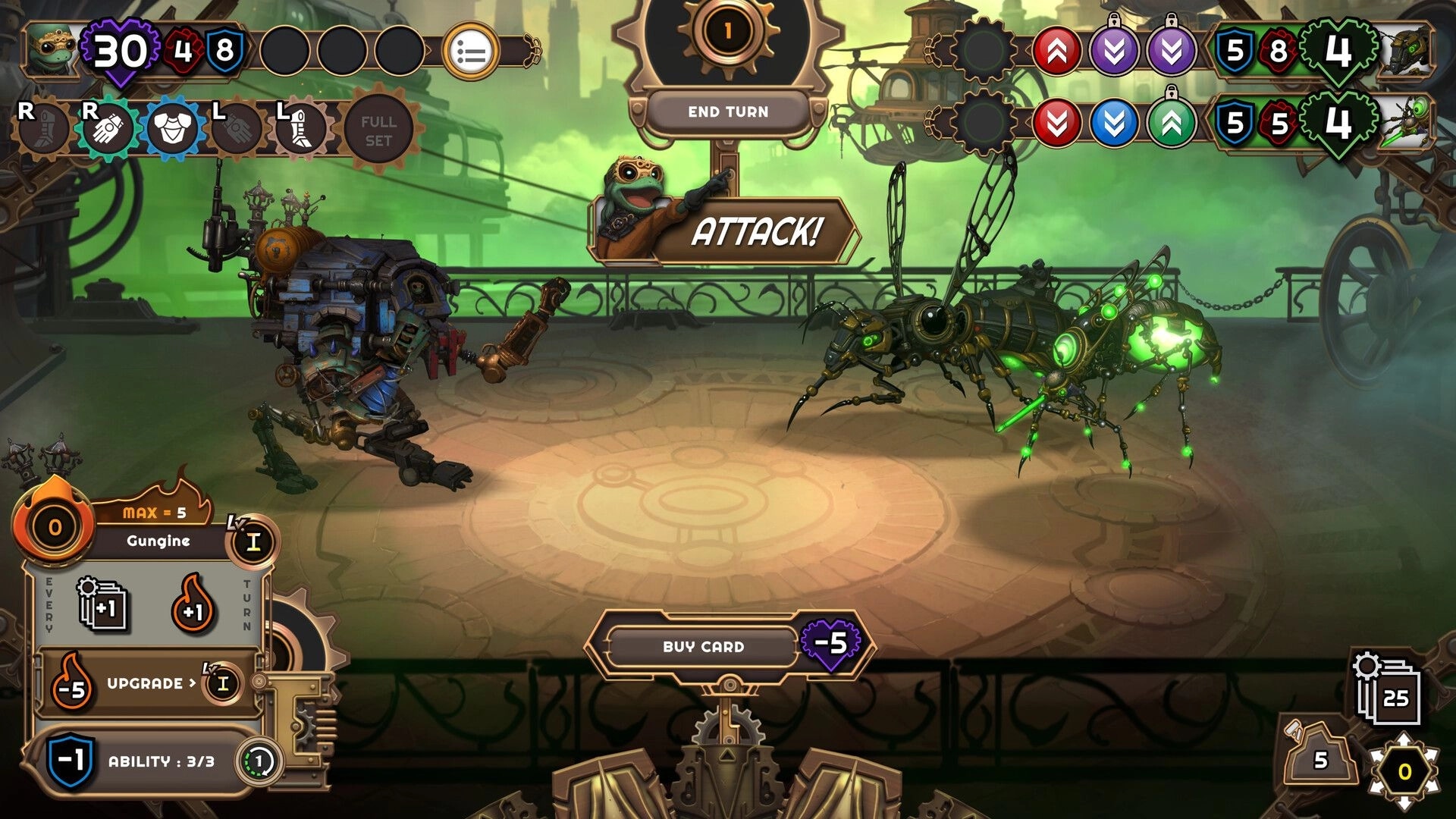 Mechjestic: Player mech battles insectoid enemy in steampunk arena with strategic card options visible