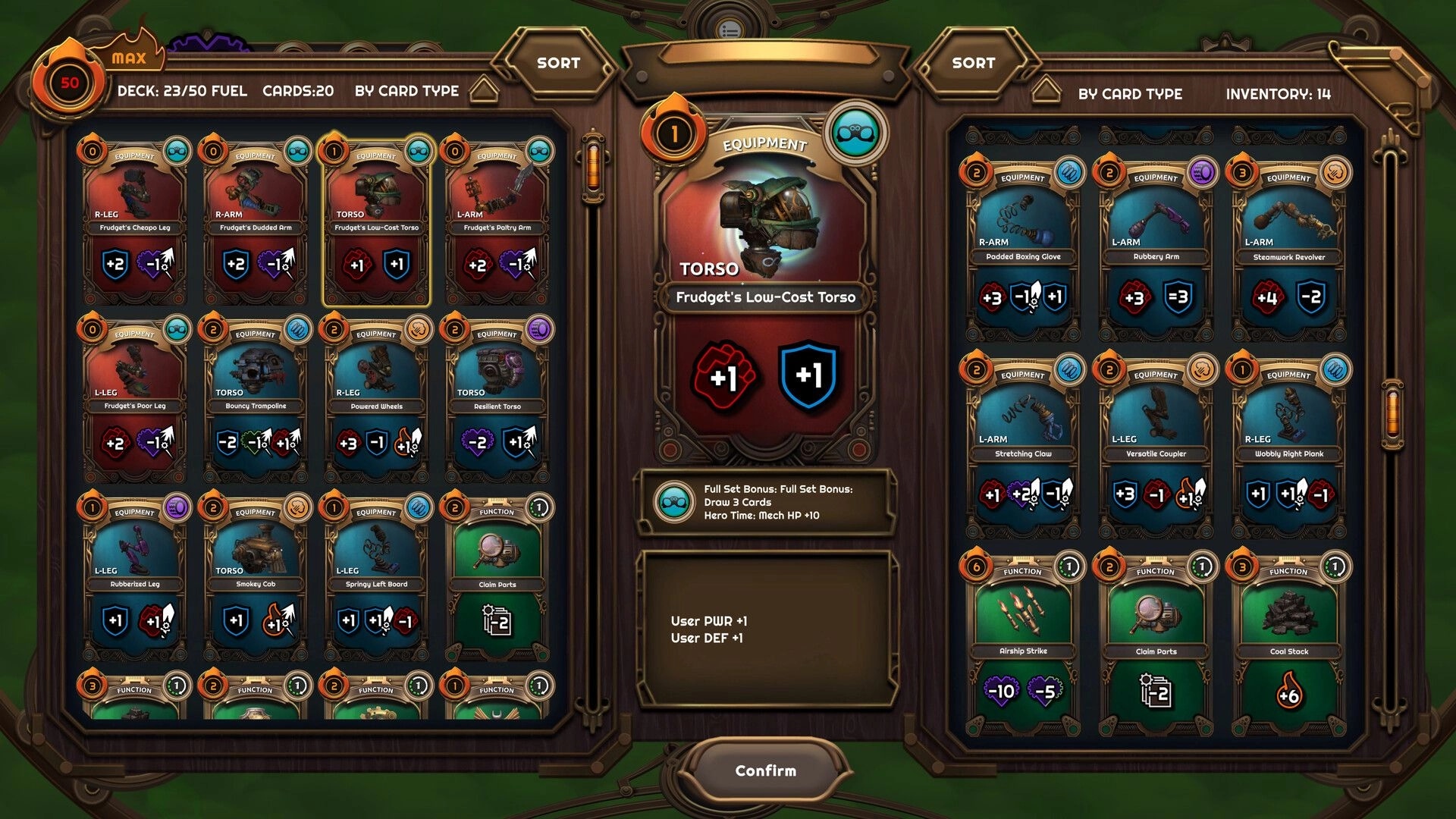 Mechjestic: Card inventory screen displaying equipment and function cards for mech customization
