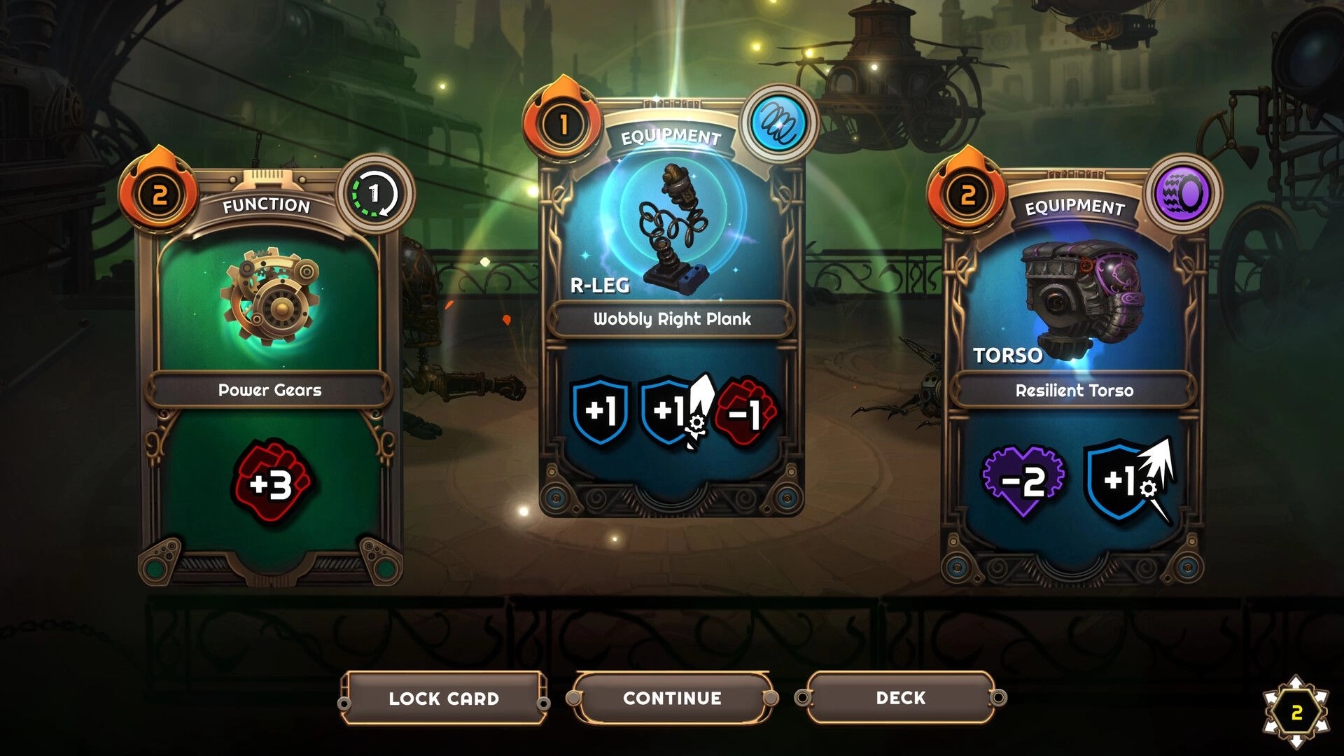 Mechjestic: Card selection screen showing Power Gears, Wobbly Right Plank, and Resilient Torso cards