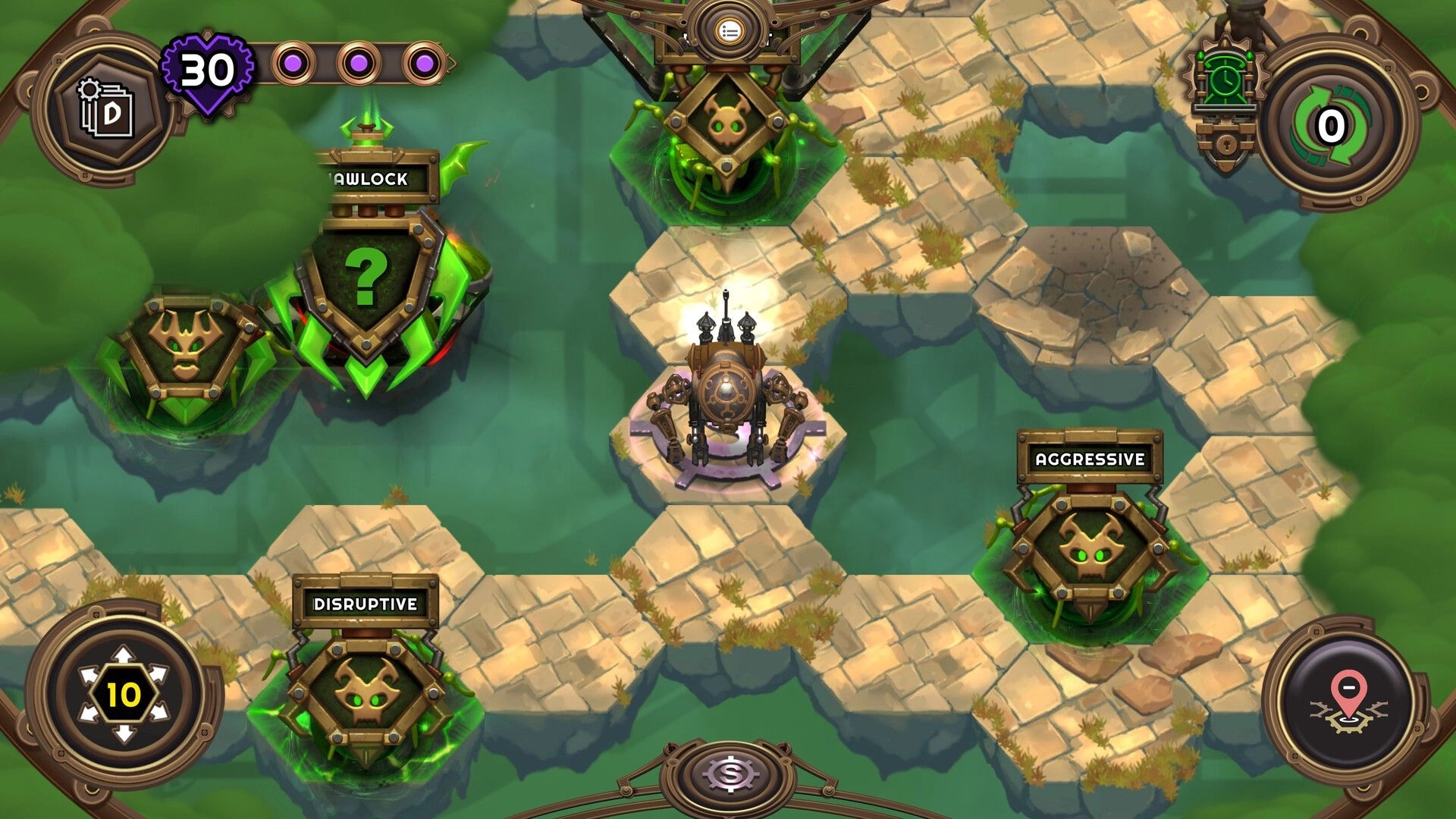 Mechjestic: Mech on stone path with strategic node choices labeled Unlock, Aggressive, and Disruptive