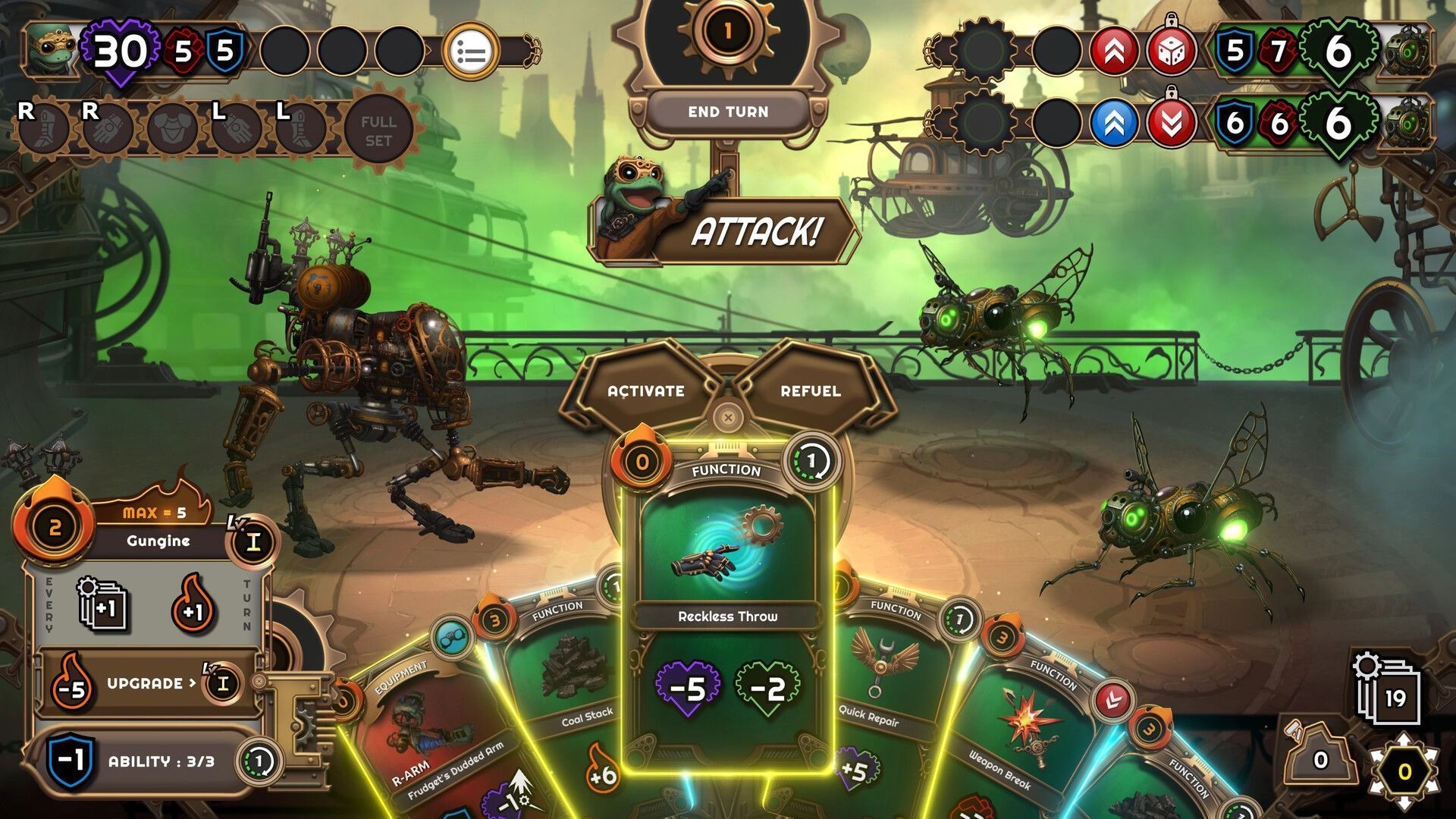 Mechjestic: Frog pilot in combat with insectoids, steampunk mech and card interface in green cityscape