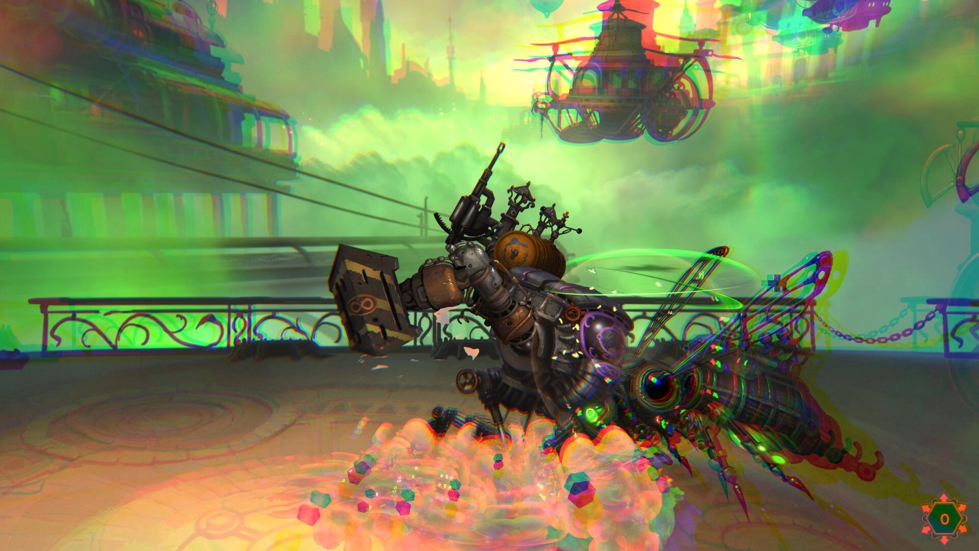 Mechjestic: Steampunk mech combat against insectoid foe on a vibrant, aerial platform background