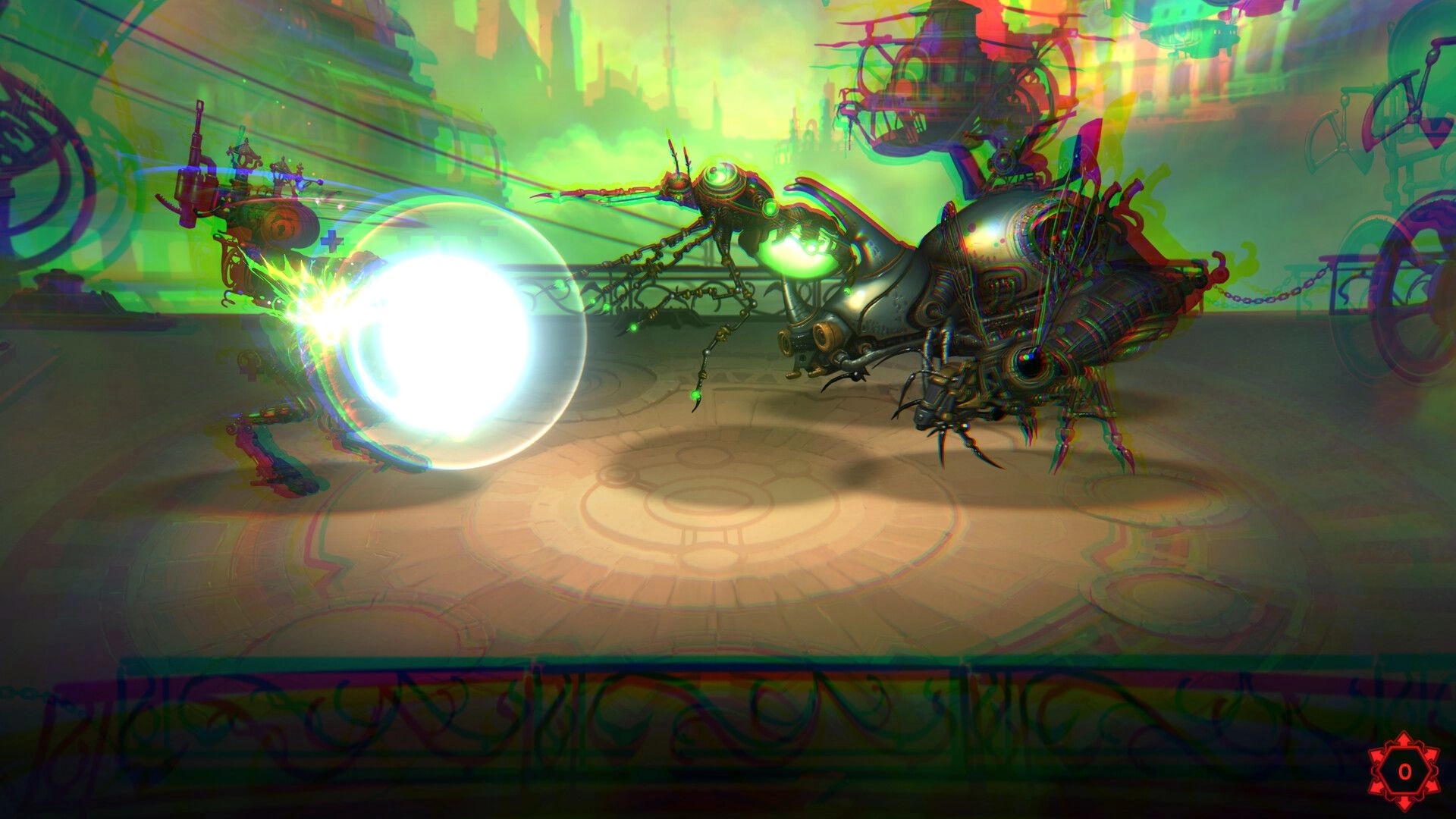 Mechjestic: Mech firing energy blast at giant insectoid in a vibrant, steampunk arena environment.