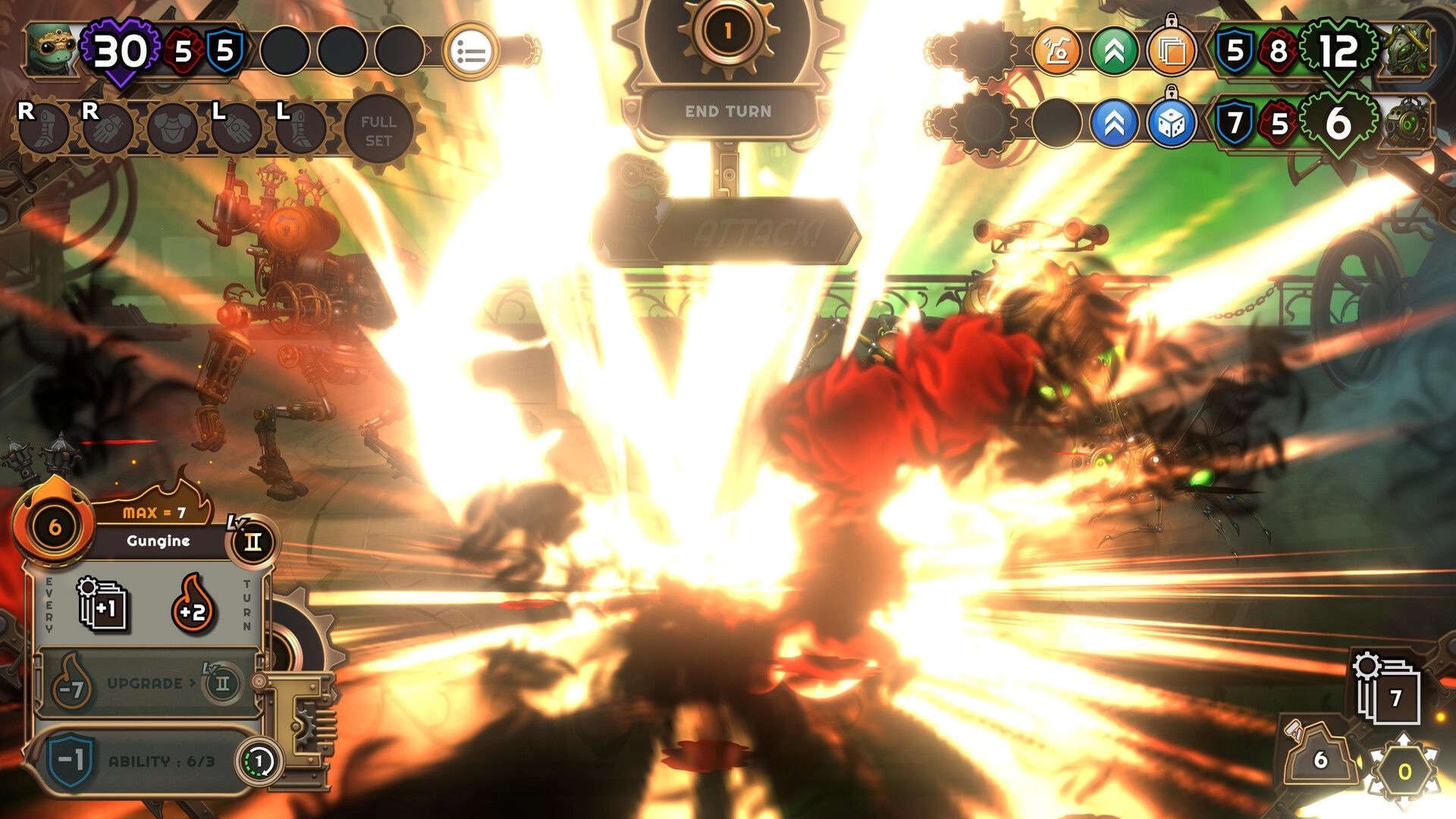 Mechjestic: Explosive mech combat with Gungine in a steampunk arena, UI displays health and actions