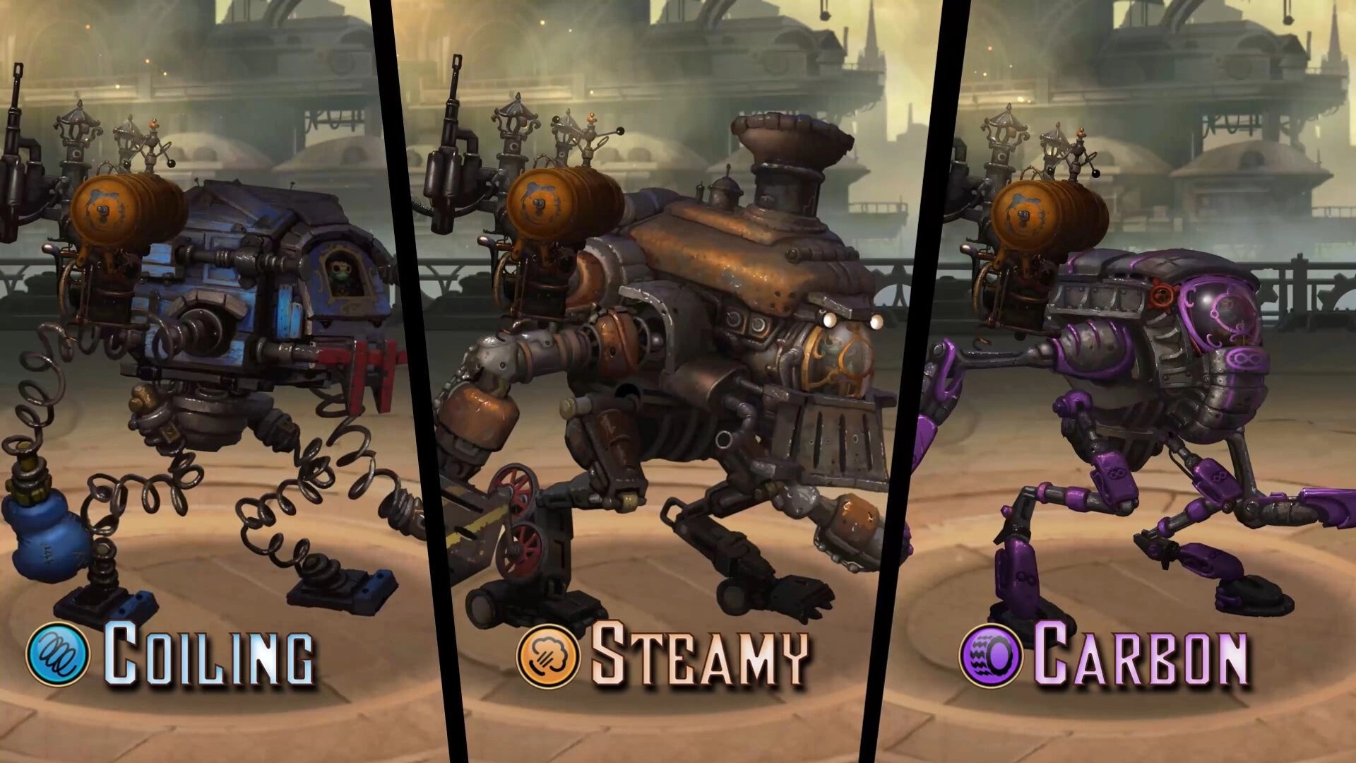 Mechjestic: Three distinct mech models—Coiling, Steamy, and Carbon—displayed in a workshop setting.
