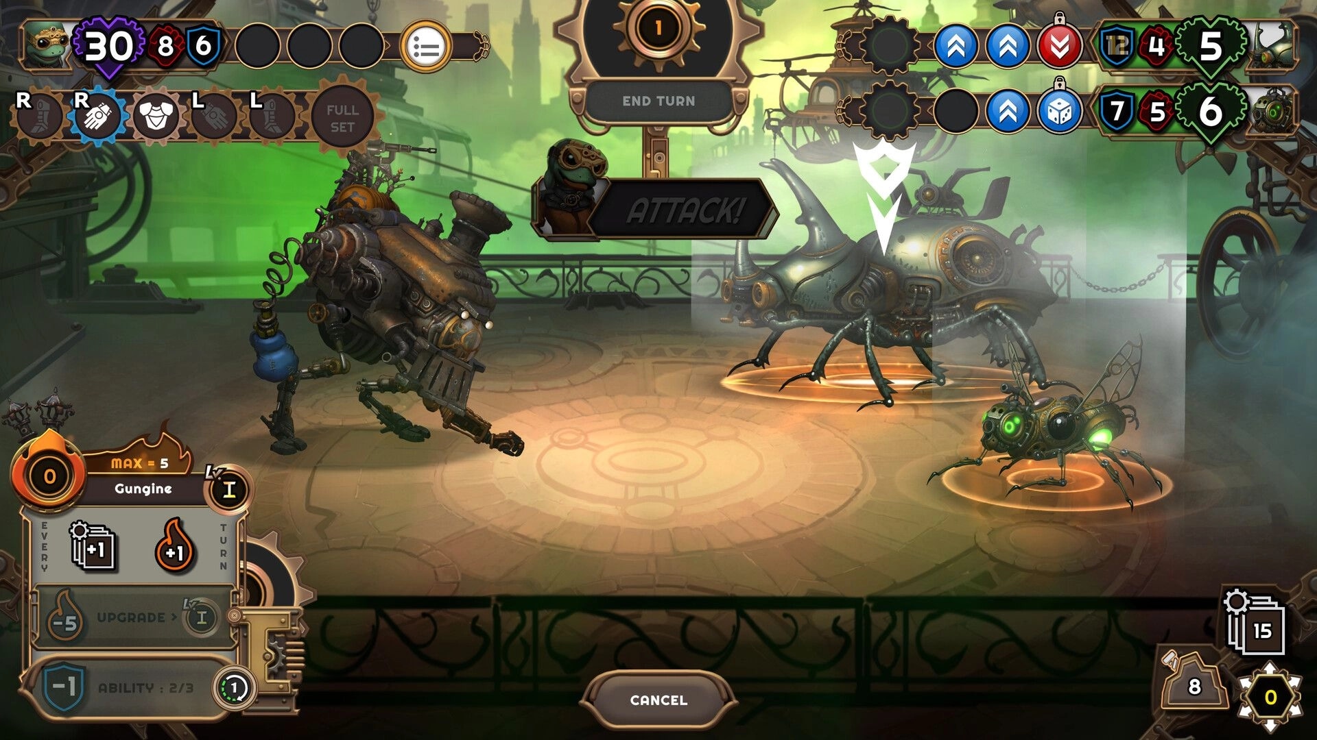Mechjestic: Mech battle against insectoid enemies in a steampunk arena with HUD displaying stats