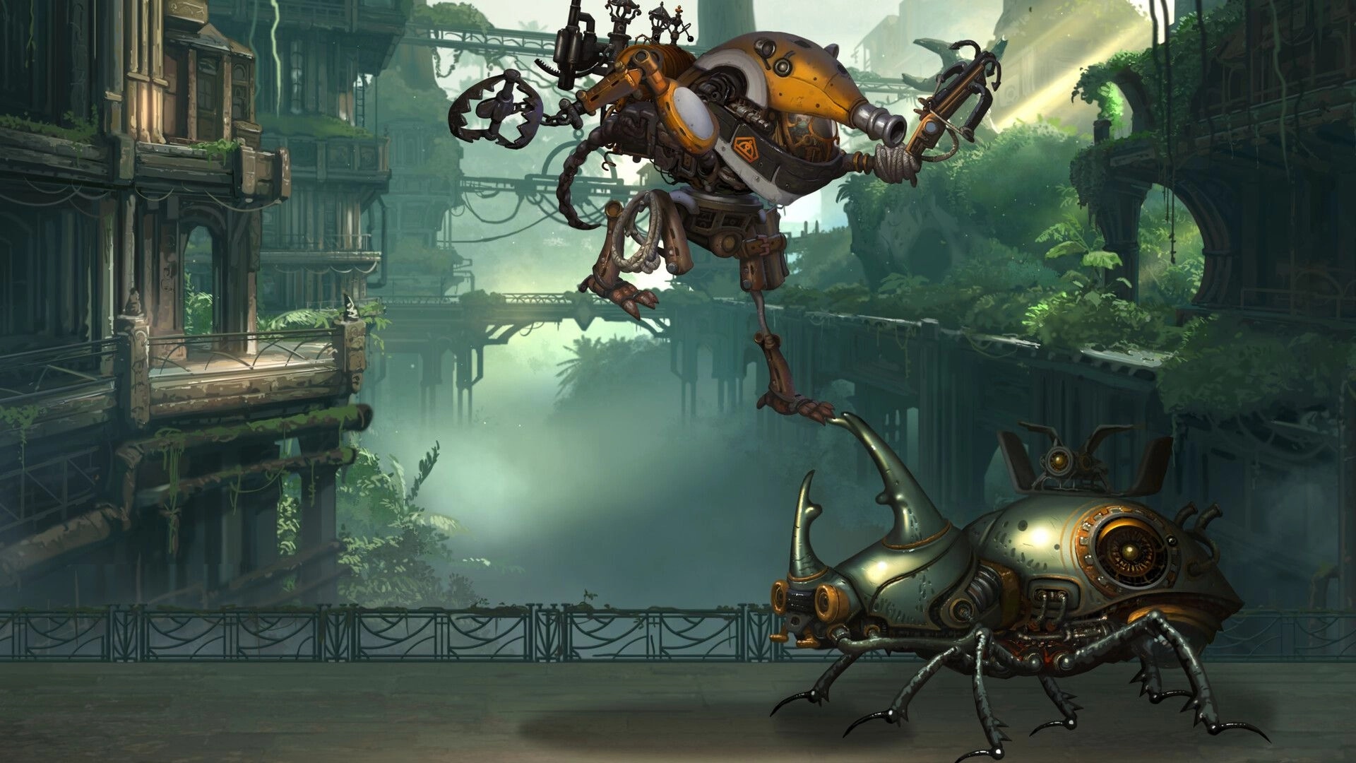 Mechjestic: A mech battles a giant insectoid in a lush, overgrown industrial ruin setting.