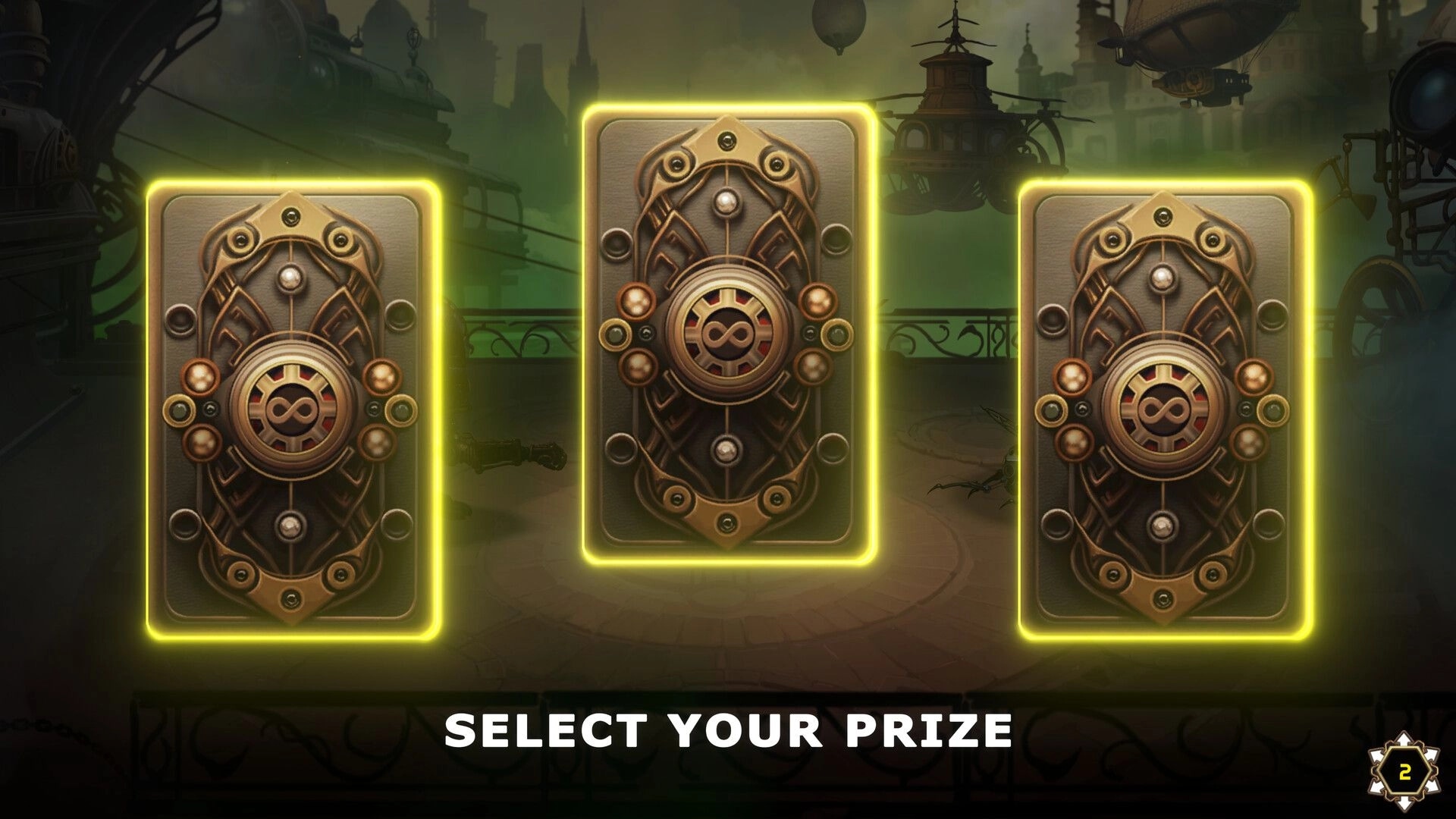 Mechjestic: Choose one of three steampunk-themed cards in a foggy industrial setting with airships.