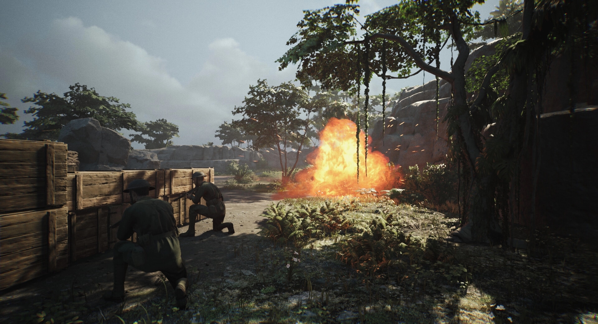 Medic: Two soldiers crouch behind crates as an explosion occurs nearby in a jungle environment.