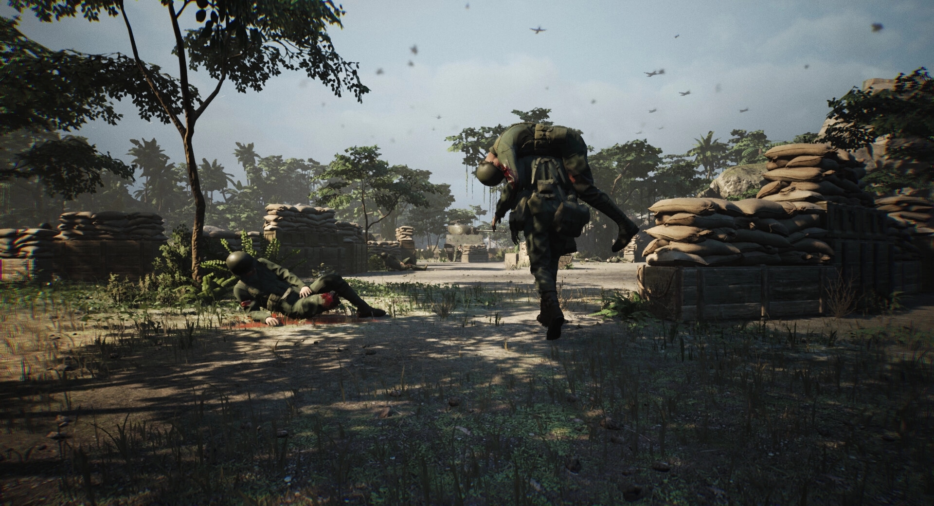 Medic: Carrying wounded soldier past sandbags in a war-torn jungle setting with planes overhead