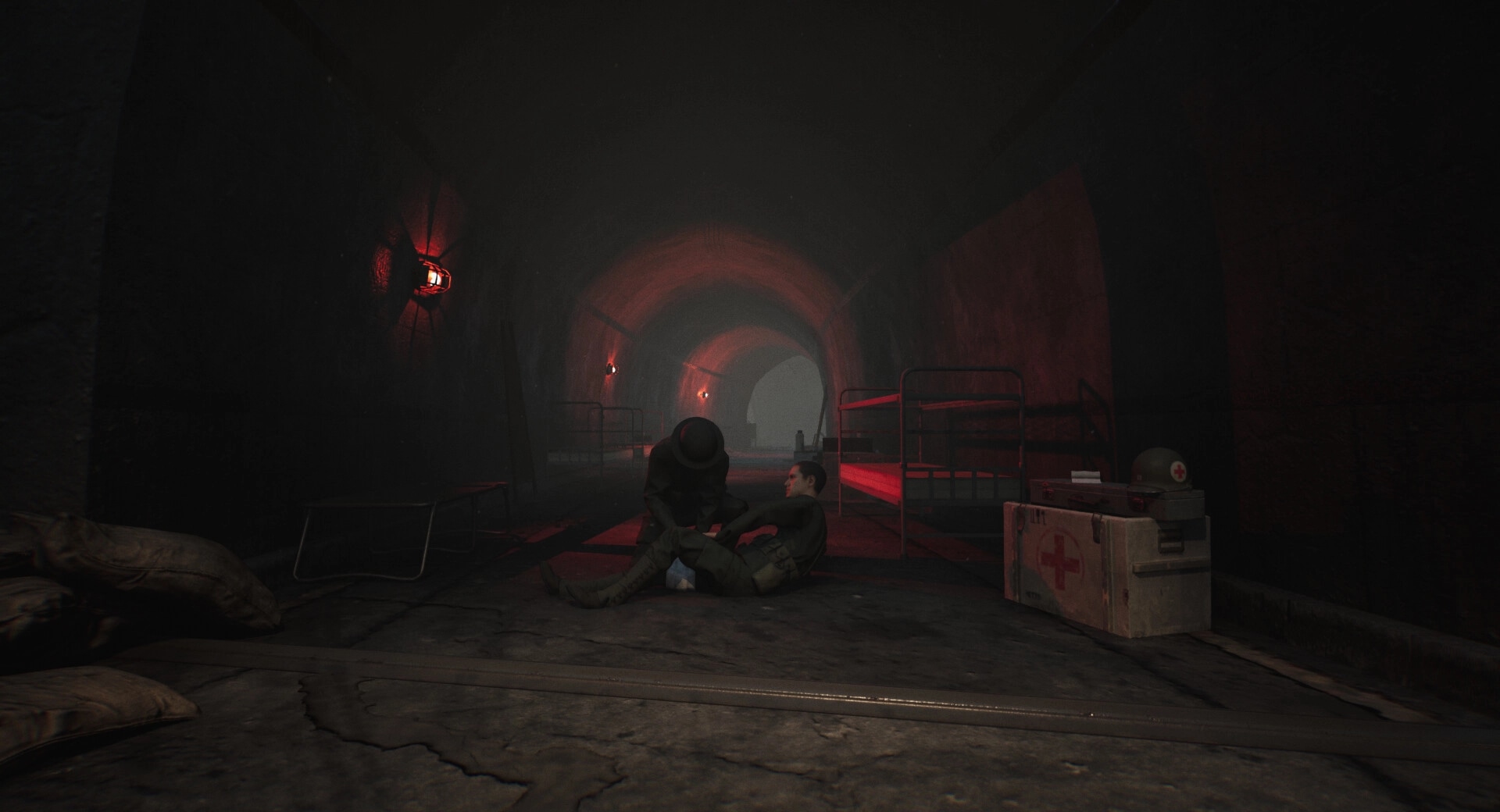 Medic: Tending to a wounded soldier in a dimly lit underground bunker with beds and medical supplies nearby