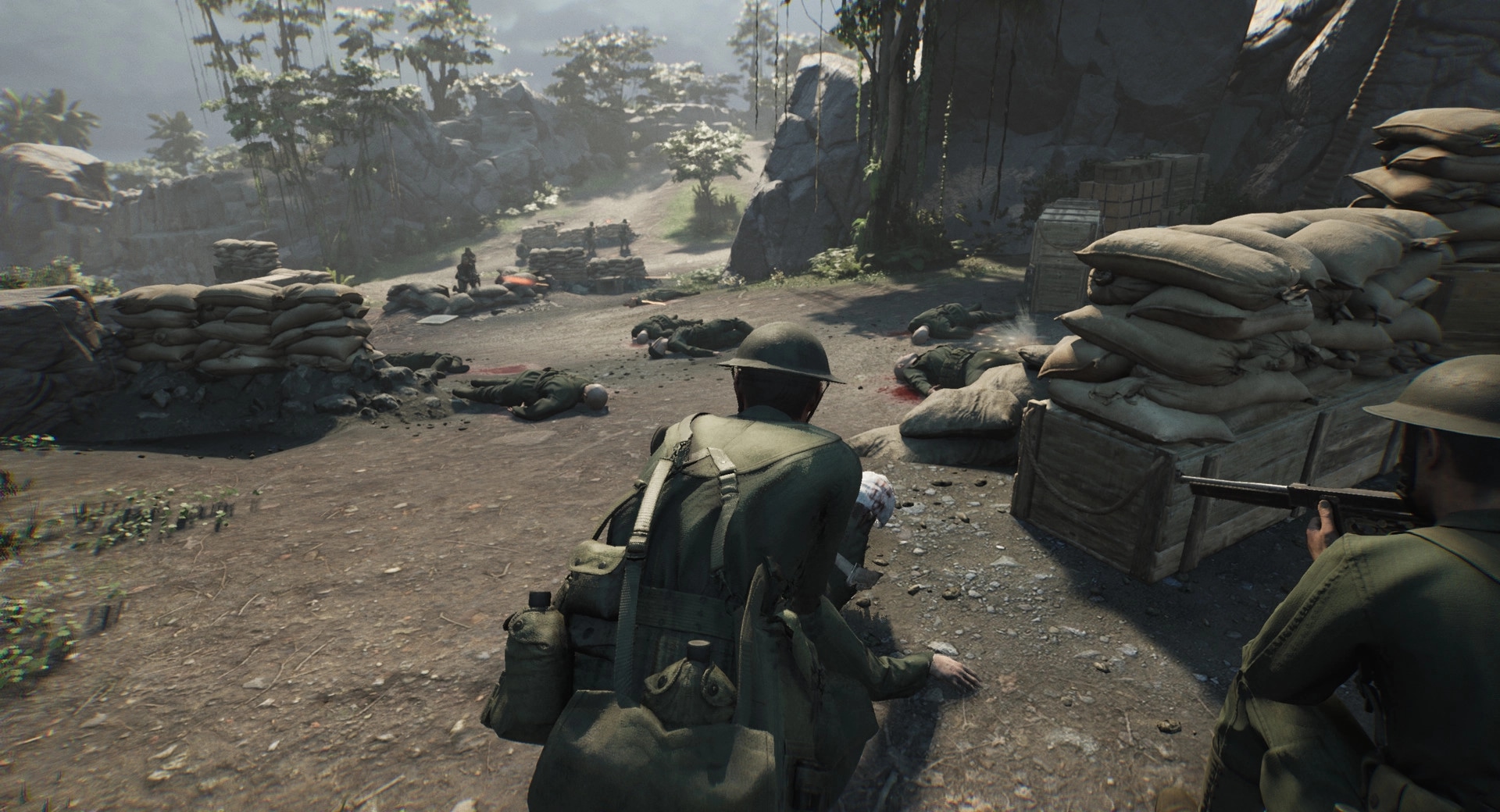 Medic: Tending to a wounded soldier behind sandbags amidst a chaotic battlefield in a jungle setting