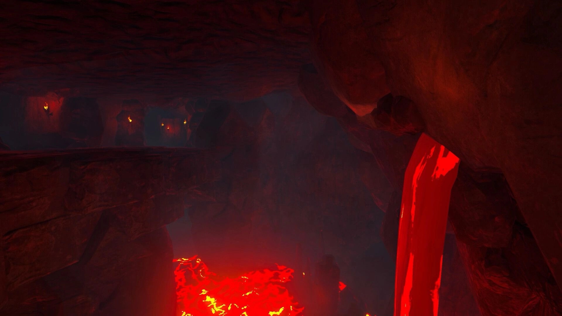 Medieval Crafter: Lava-filled cavern with glowing red light and rocky walls in an underground setting