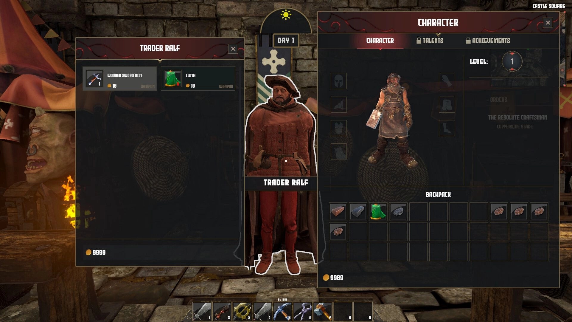 Medieval Crafter: Trader Ralf's shop with item listings and character inventory menu in castle square.