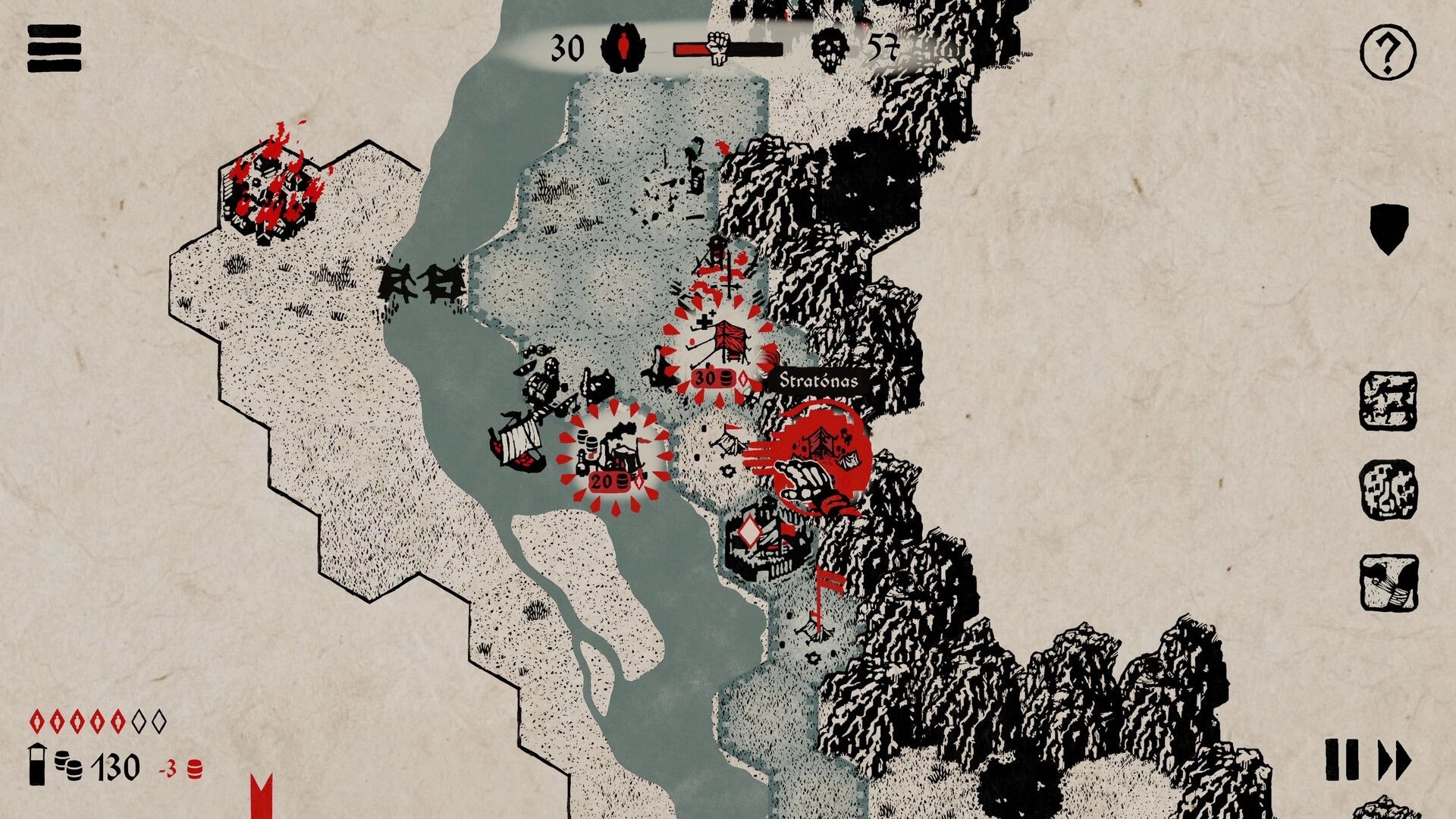 MEDIX: Tactical map with medic units and red alert markers near Stratonas by a river and cliffs.