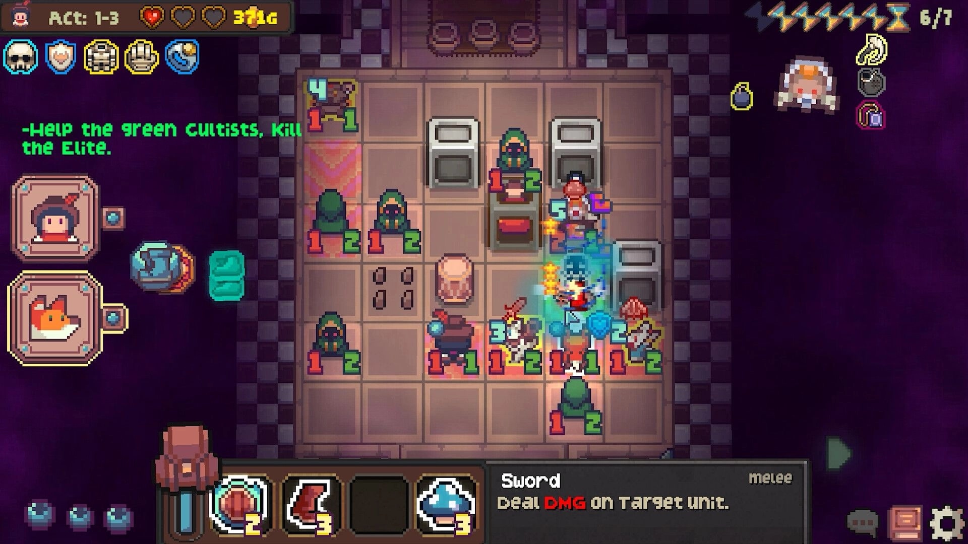 Meet the Master: Tactical combat on a grid with characters and abilities displayed in a dungeon setting.