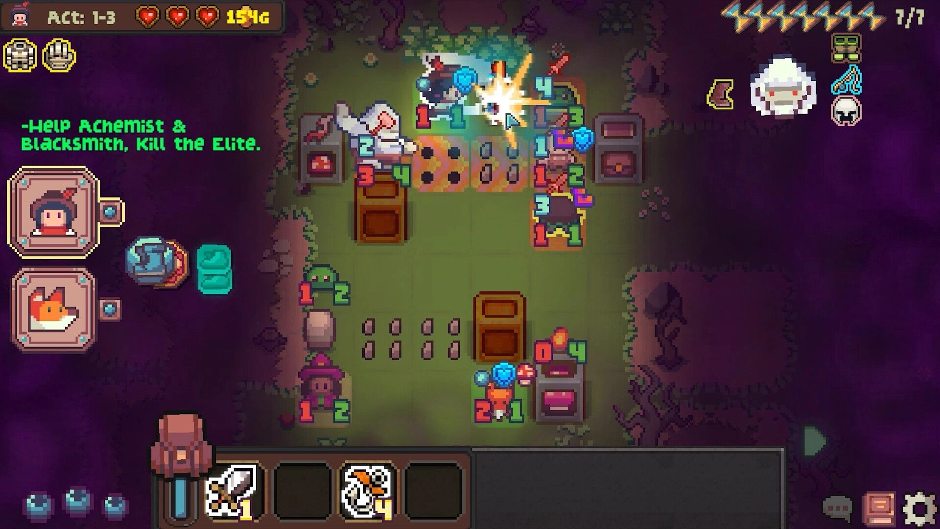 Meet the Master: Tactical grid battle with characters and enemies, displaying health and power stats.