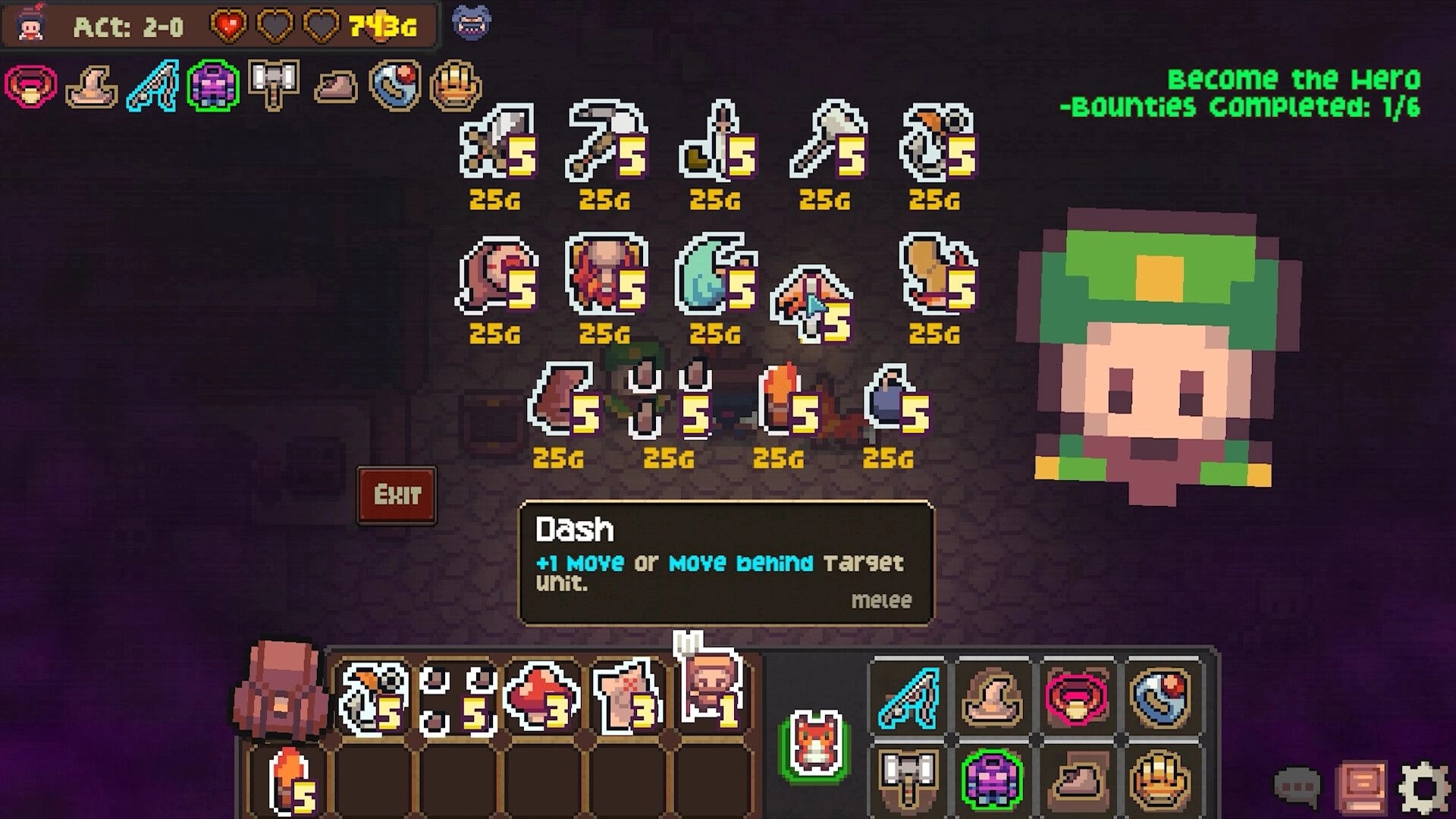 Meet the Master: Inventory screen with pixel art items and character stats, Act 2-0, 743 gold.