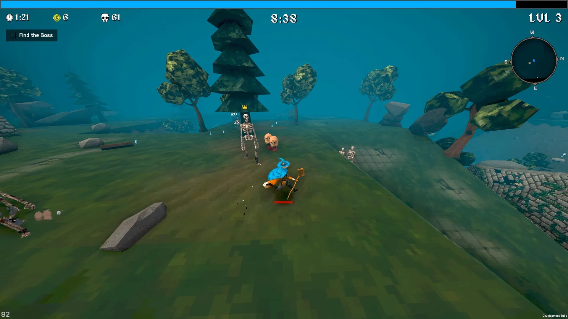 Megabonk: Player battles skeleton and creatures in a forest clearing with a timer and map visible