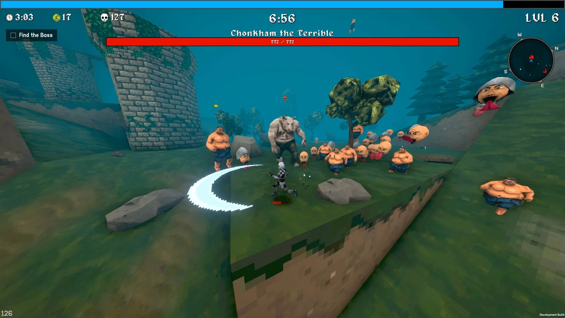 Megabonk: Player attacks Chonkham the Terrible amidst hordes of enemies in a forested ruin setting.