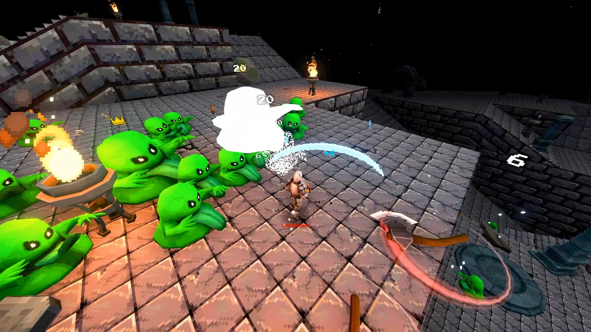 Megabonk: Player battles green creatures on a stone platform, with torches and damage numbers visible.