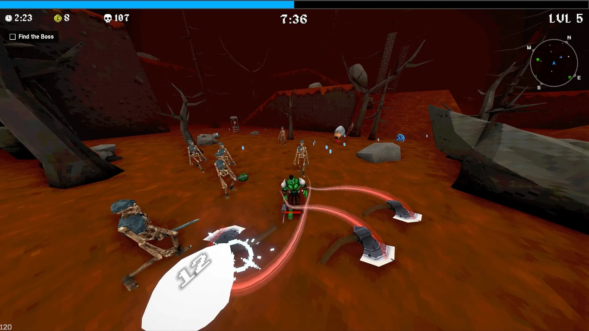Megabonk: Player battling skeletons with dual axes in a barren, red-hued landscape at level 5