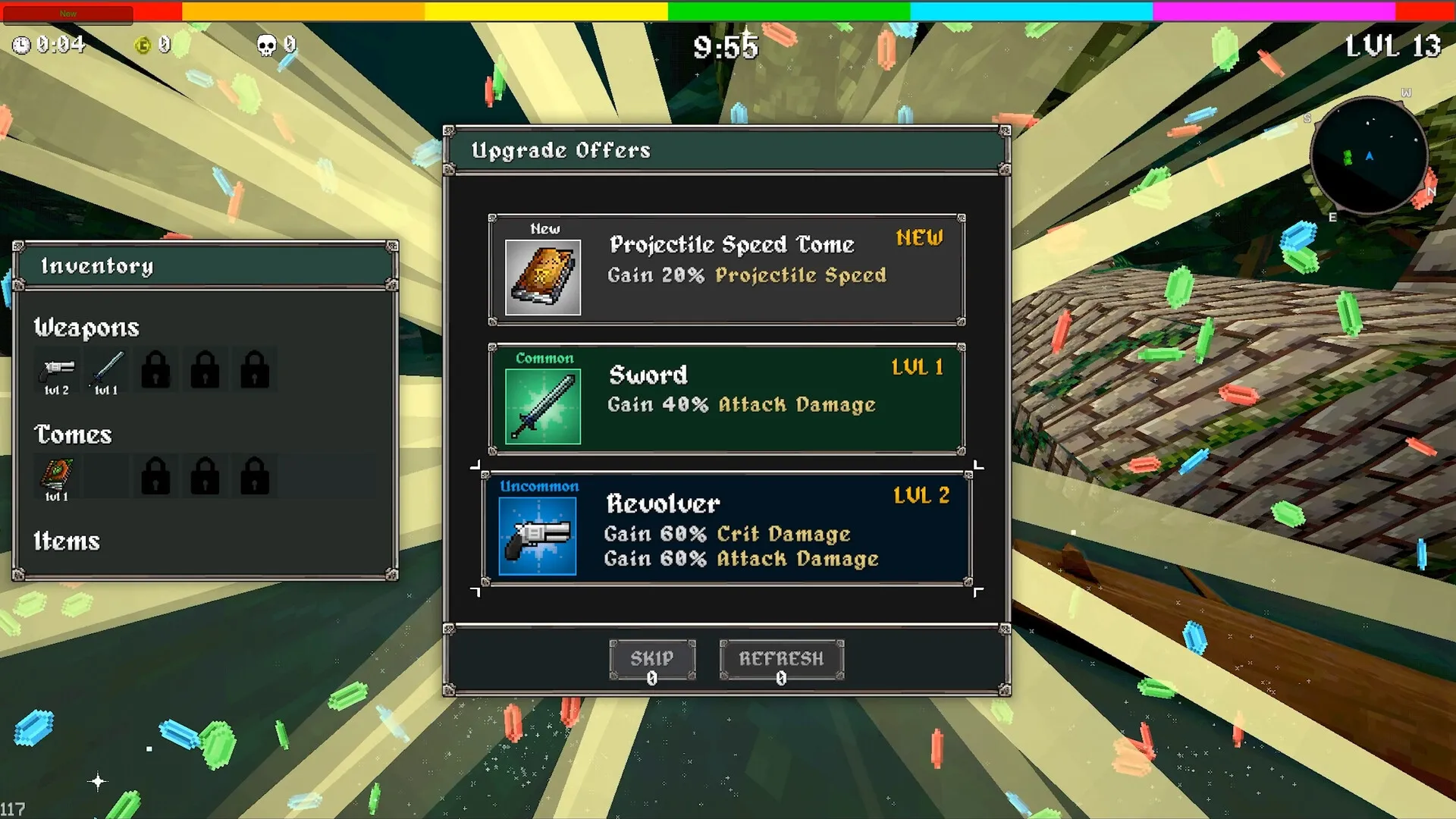 Megabonk: Upgrade menu displays Projectile Speed Tome, Sword, and Revolver with inventory on left.