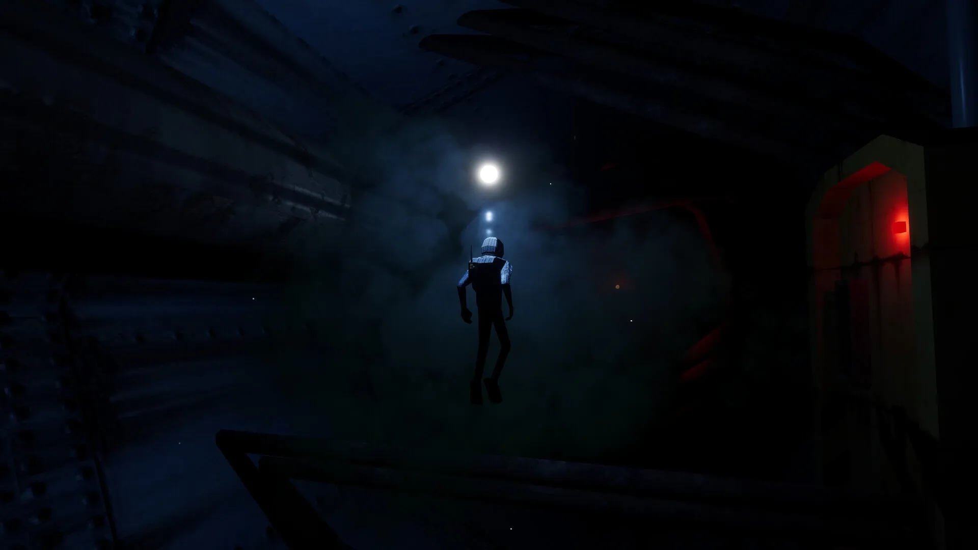 MEGANAUT: Character floats in dark, industrial corridor with red light and dense fog surrounding them.