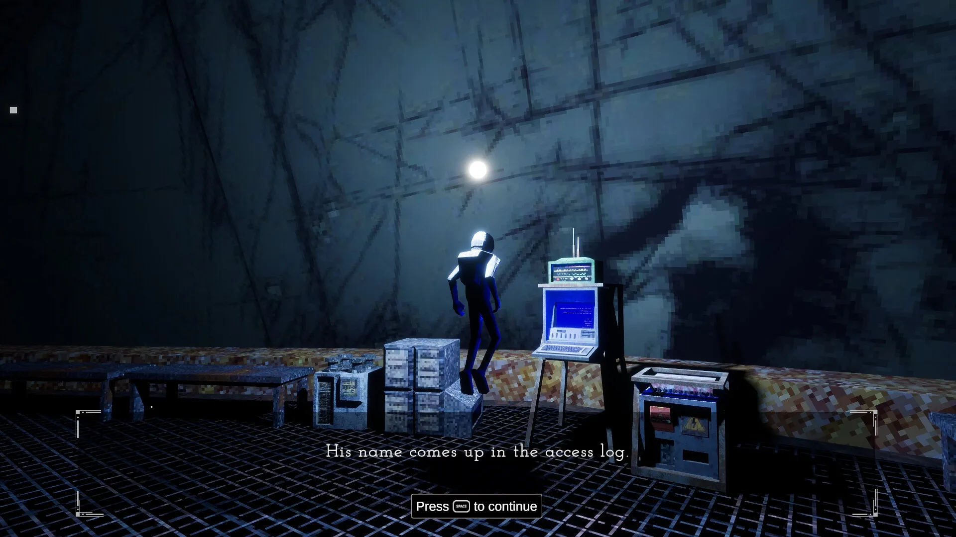 MEGANAUT: Character hovers near computer terminal in dimly lit room with text overlay about access log.