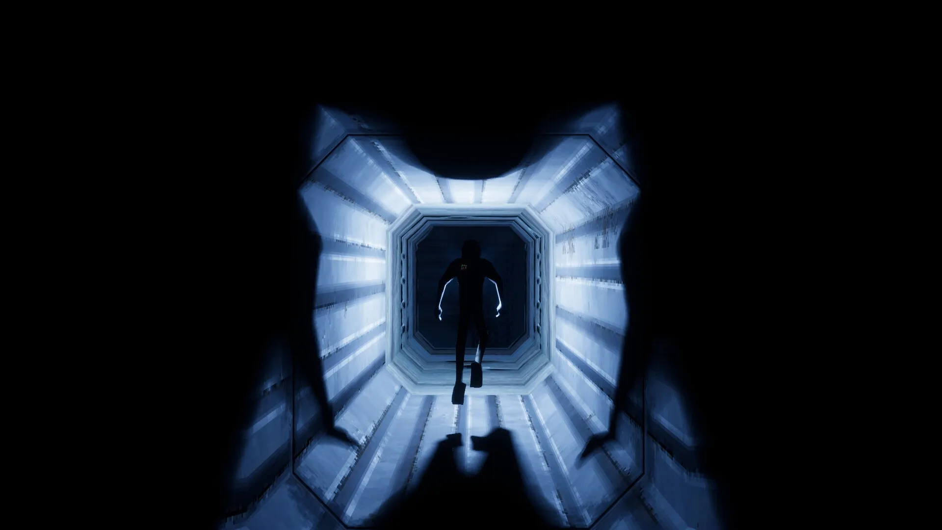 MEGANAUT: Silhouetted figure floating through a dimly lit, narrow corridor in a futuristic environment.